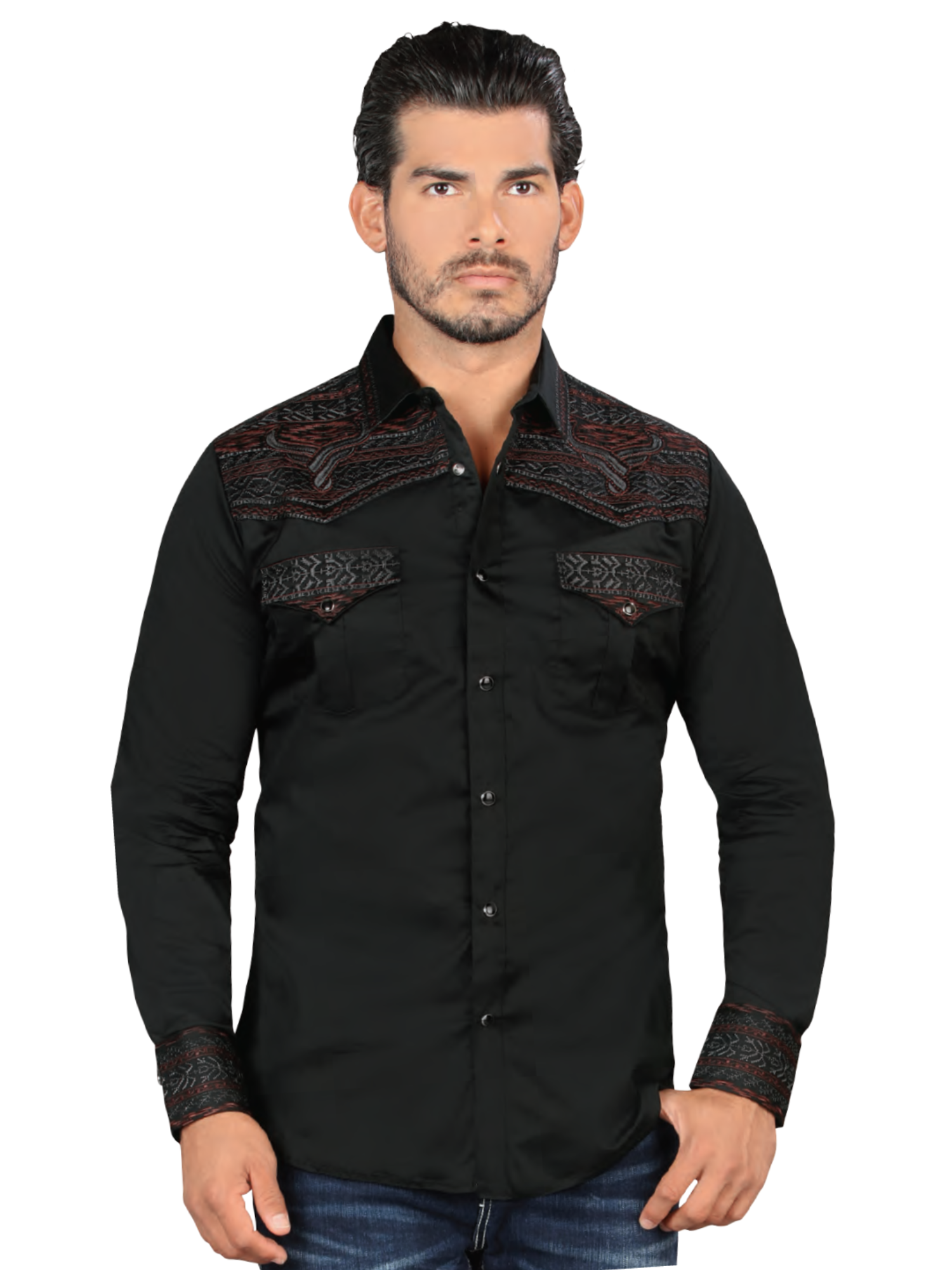 Camisa Vaquera Bordada Manga Larga para Hombre 'Lamasini' - ID: 2217 Camisas Bordadas Lamasini Black/Wine