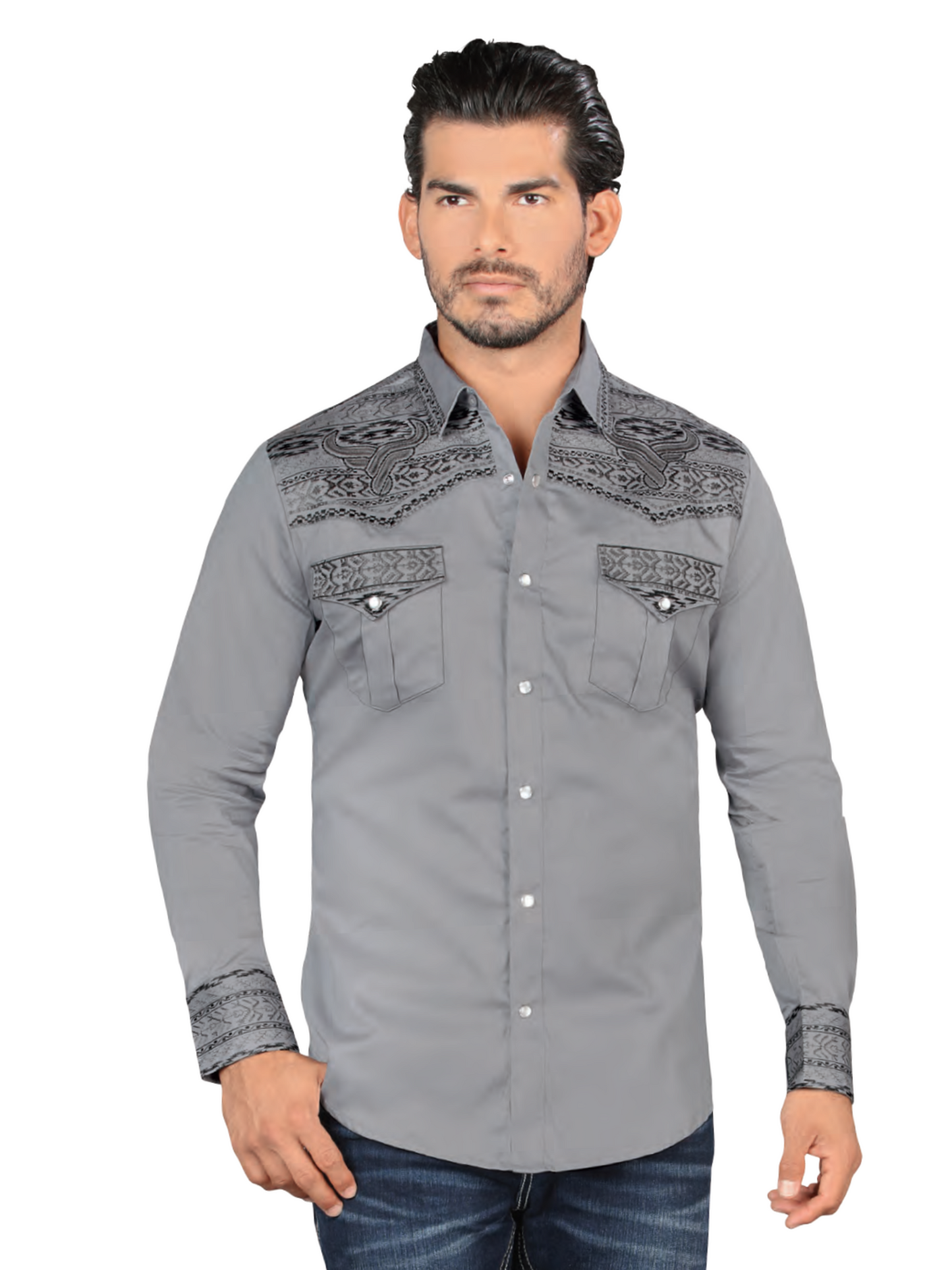 Camisa Vaquera Bordada Manga Larga para Hombre 'Lamasini' - ID: 2217 Camisas Bordadas Lamasini Gray