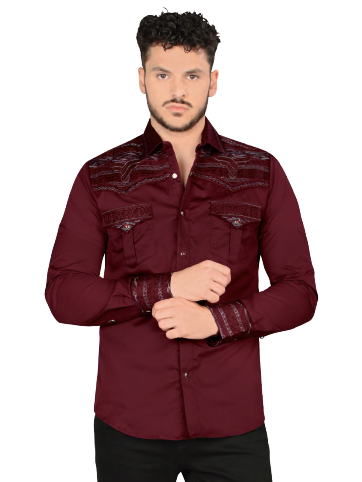 Camisa Vaquera Bordada Manga Larga para Hombre 'Lamasini' - ID: 2217 Camisas Bordadas Lamasini Wine