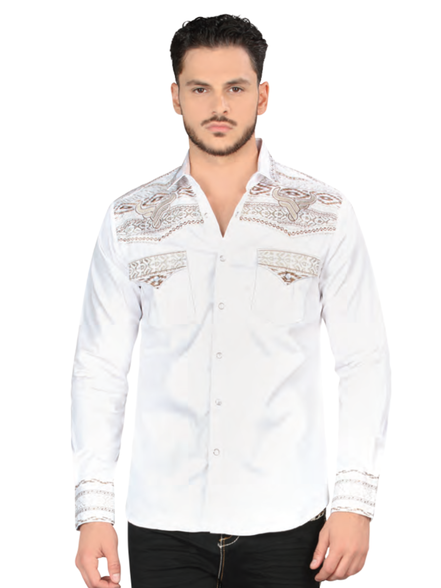 Camisa Vaquera Bordada Manga Larga para Hombre 'Lamasini' - ID: 2217 Camisas Bordadas Lamasini White
