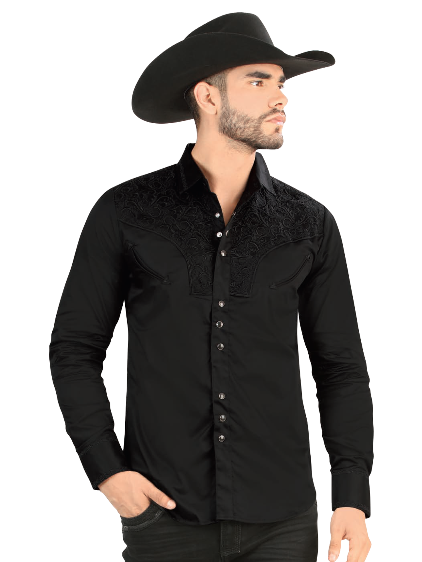 Camisa Vaquera Bordada Manga Larga de Broches para Hombre 'Lamasini' - ID: 2215 Camisas Bordadas Lamasini Black/Black
