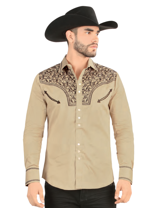 Camisa Vaquera Bordada Manga Larga de Broches para Hombre 'Lamasini' - ID: 2215 Camisas Bordadas Lamasini Beige