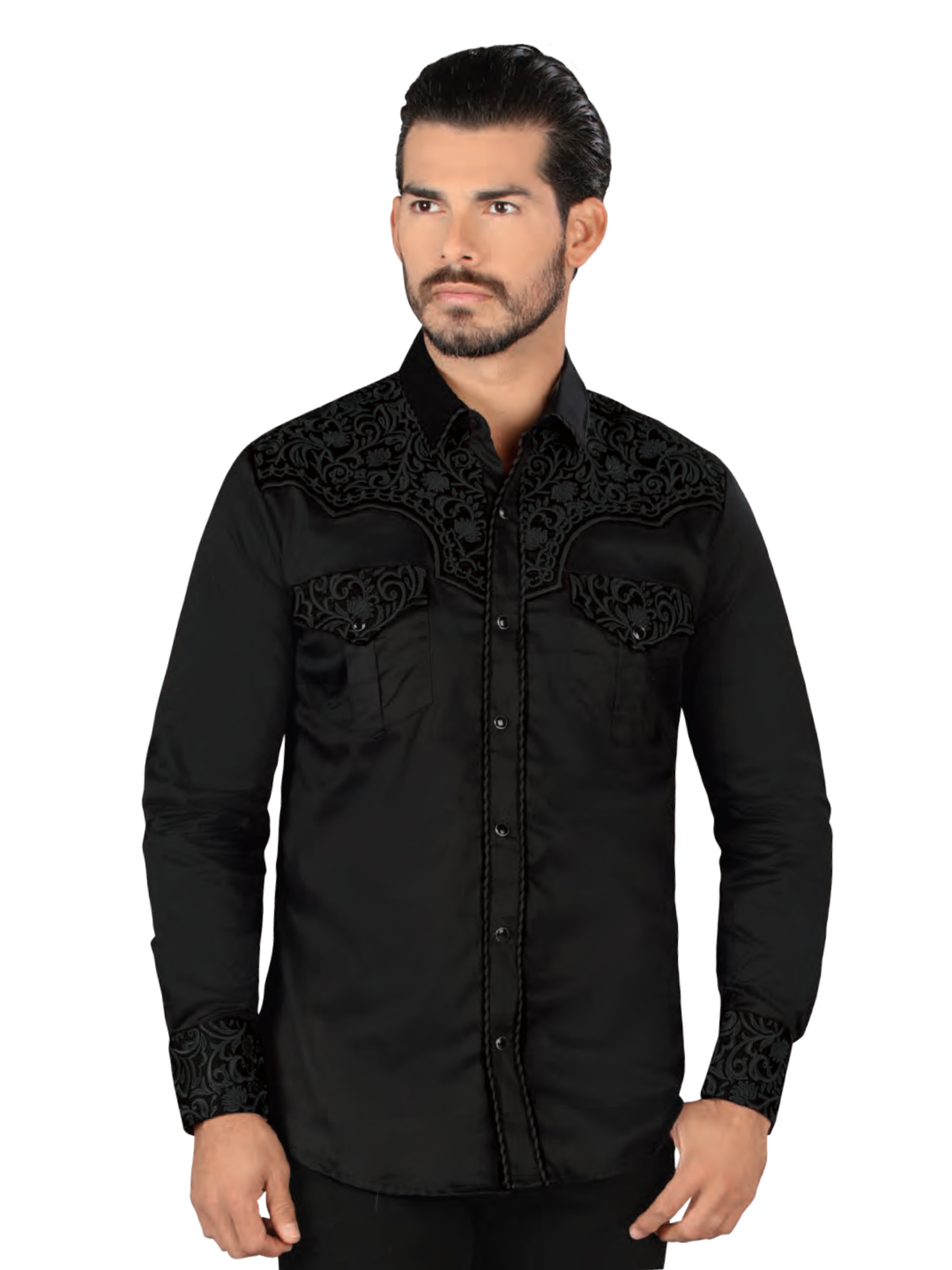 Camisa Vaquera Bordada Manga Larga de Broches para Hombre 'Lamasini' - ID: 2211 Camisas Bordadas Lamasini Black