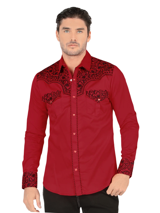 Camisa Vaquera Bordada Manga Larga de Broches para Hombre 'Lamasini' - ID: 2211 Camisas Bordadas Lamasini Red