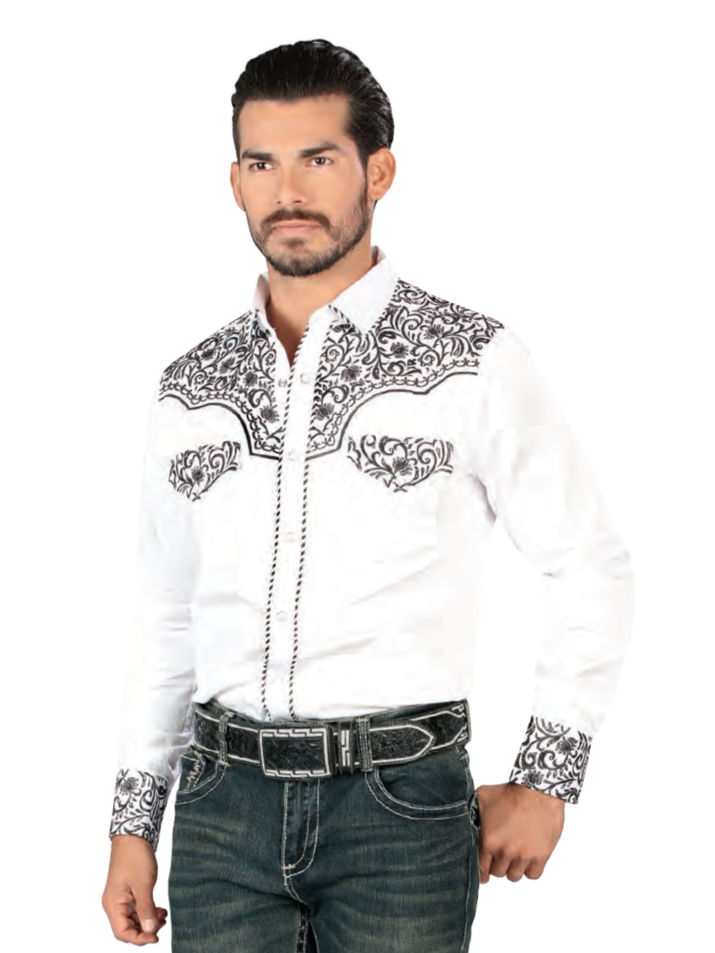 Camisa Vaquera Bordada Manga Larga de Broches para Hombre 'Lamasini' - ID: 2211 Camisas Bordadas Lamasini White
