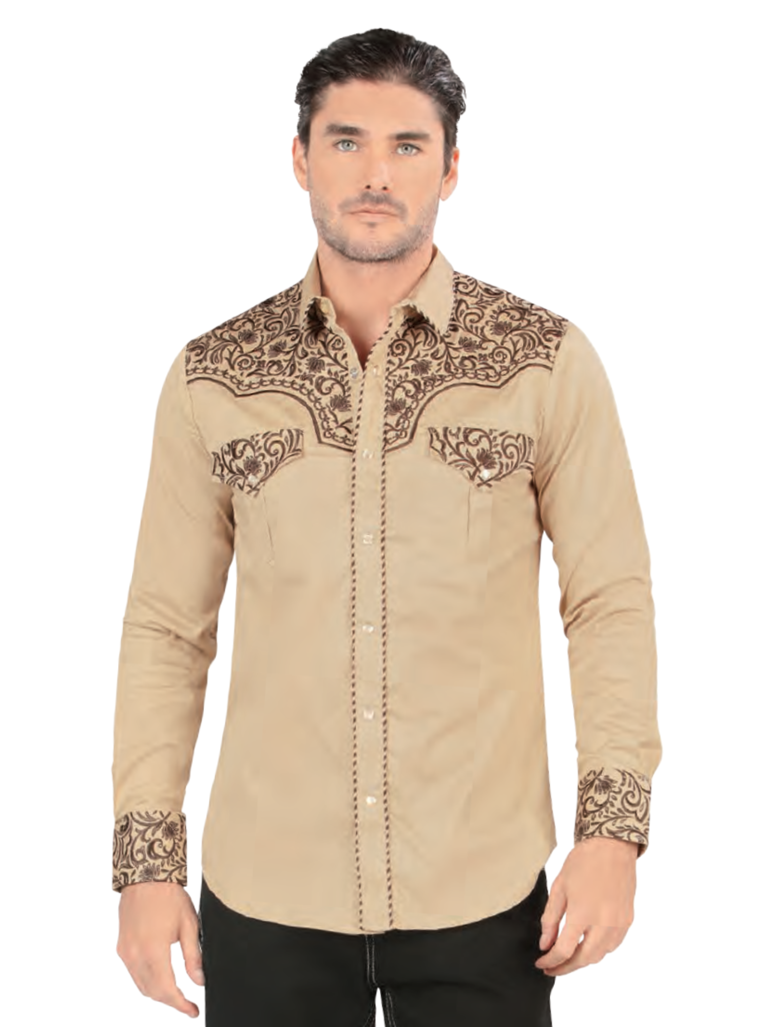 Camisa Vaquera Bordada Manga Larga de Broches para Hombre 'Lamasini' - ID: 2211 Camisas Bordadas Lamasini Beige