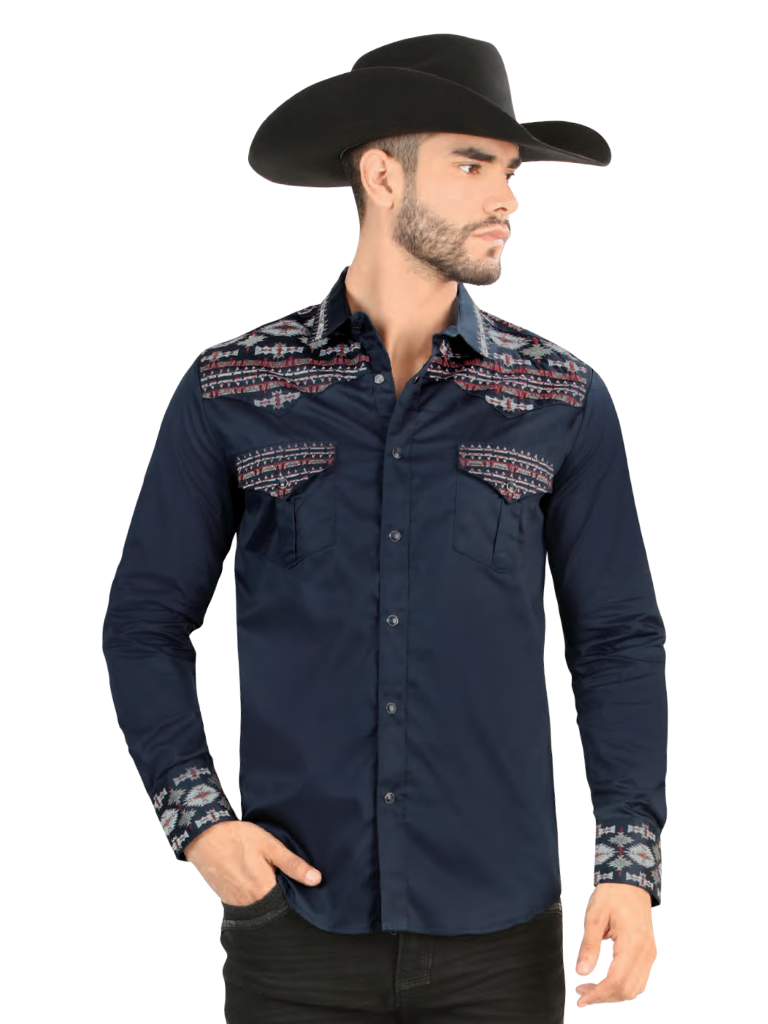 Camisa Vaquera Bordada Manga Larga de Broches para Hombre 'Lamasini' - ID: 2212 Camisas Bordadas Lamasini Navy
