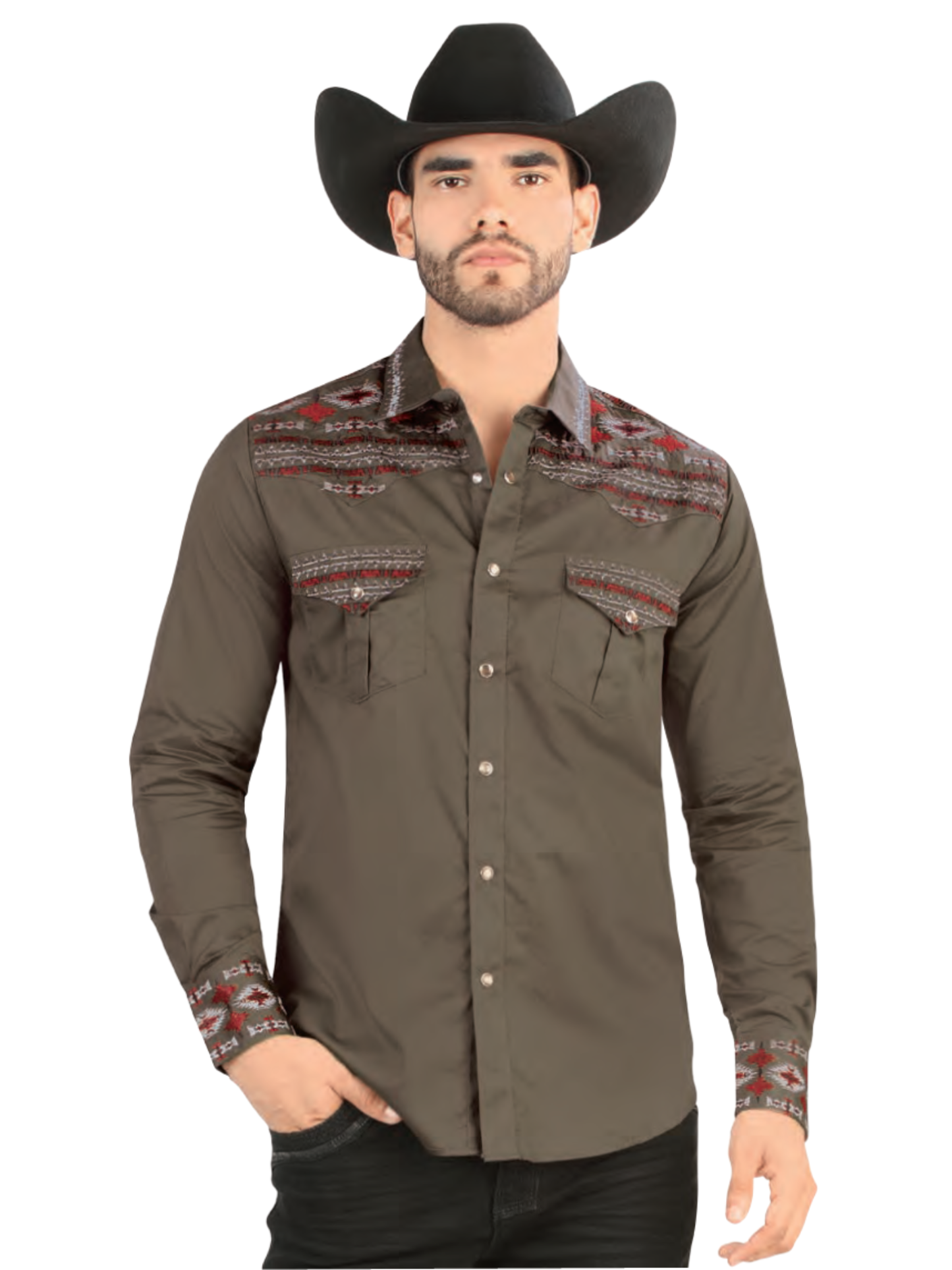 Camisa Vaquera Bordada Manga Larga de Broches para Hombre 'Lamasini' - ID: 2212 Camisas Bordadas Lamasini Charcoal