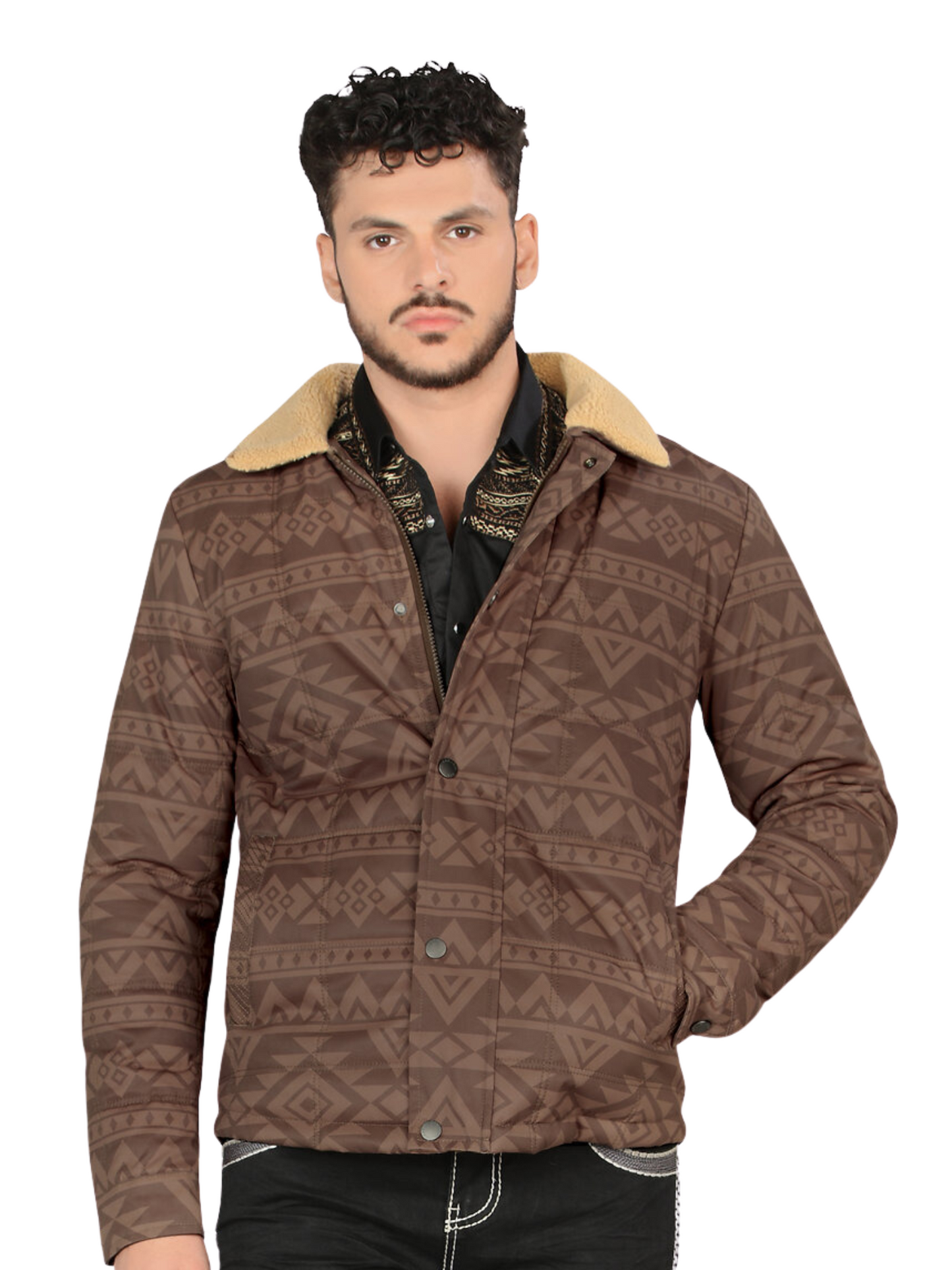 Chamarra Casual Termica de Forro Afelpado (Tipo Borrego) Estampada Aztec para Hombre 'Lamasini' - ID: 608 Chamarras Termicas Lamasini Brown