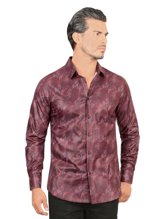 Camisa Casual Manga Larga Estampada para Hombre 'Lamasini' - ID: 2020 Camisas Estampadas Lamasini Wine