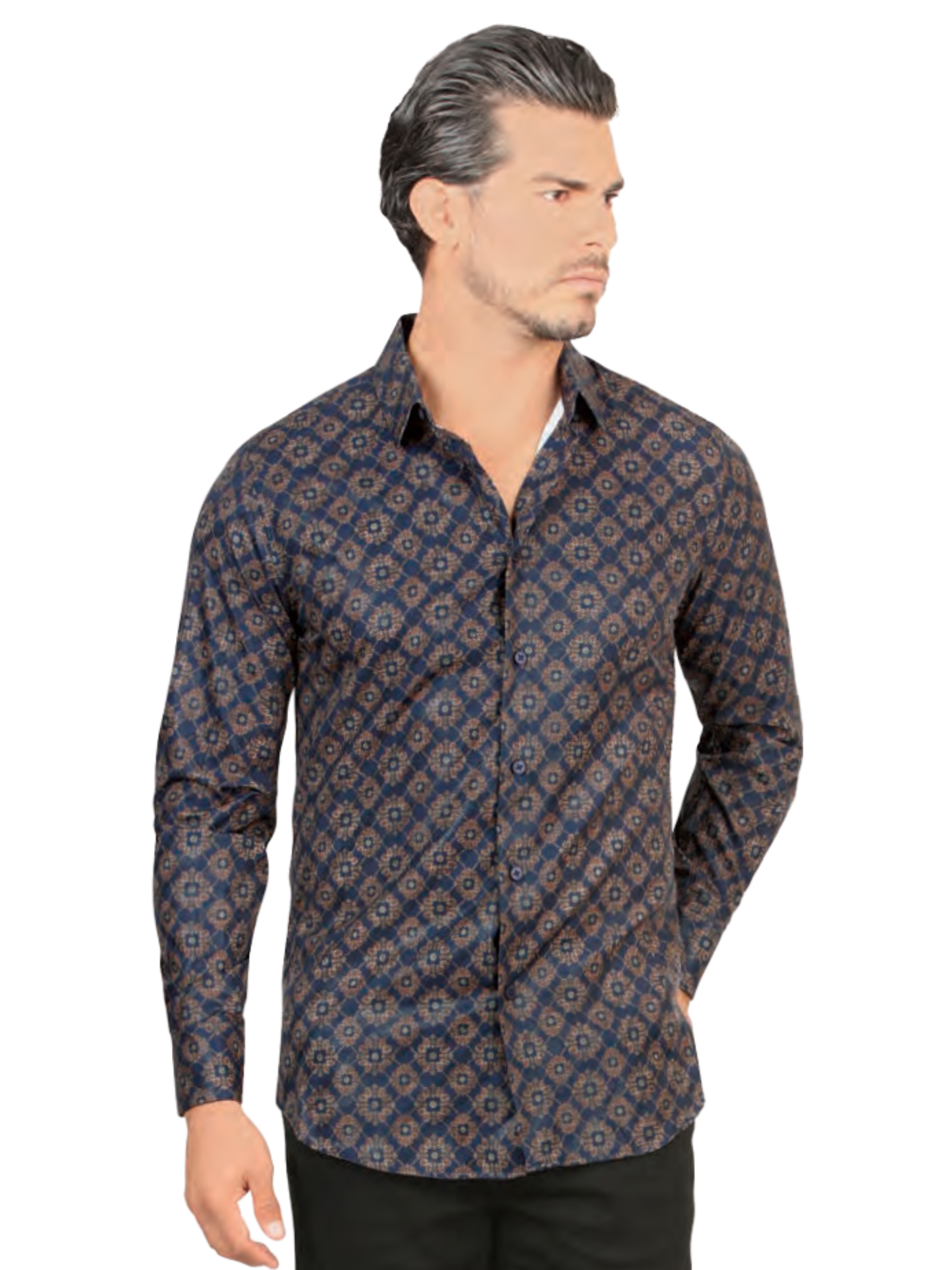Camisa Casual Manga Larga Estampada para Hombre 'Lamasini' - ID: 2021 Camisas Estampadas Lamasini Navy