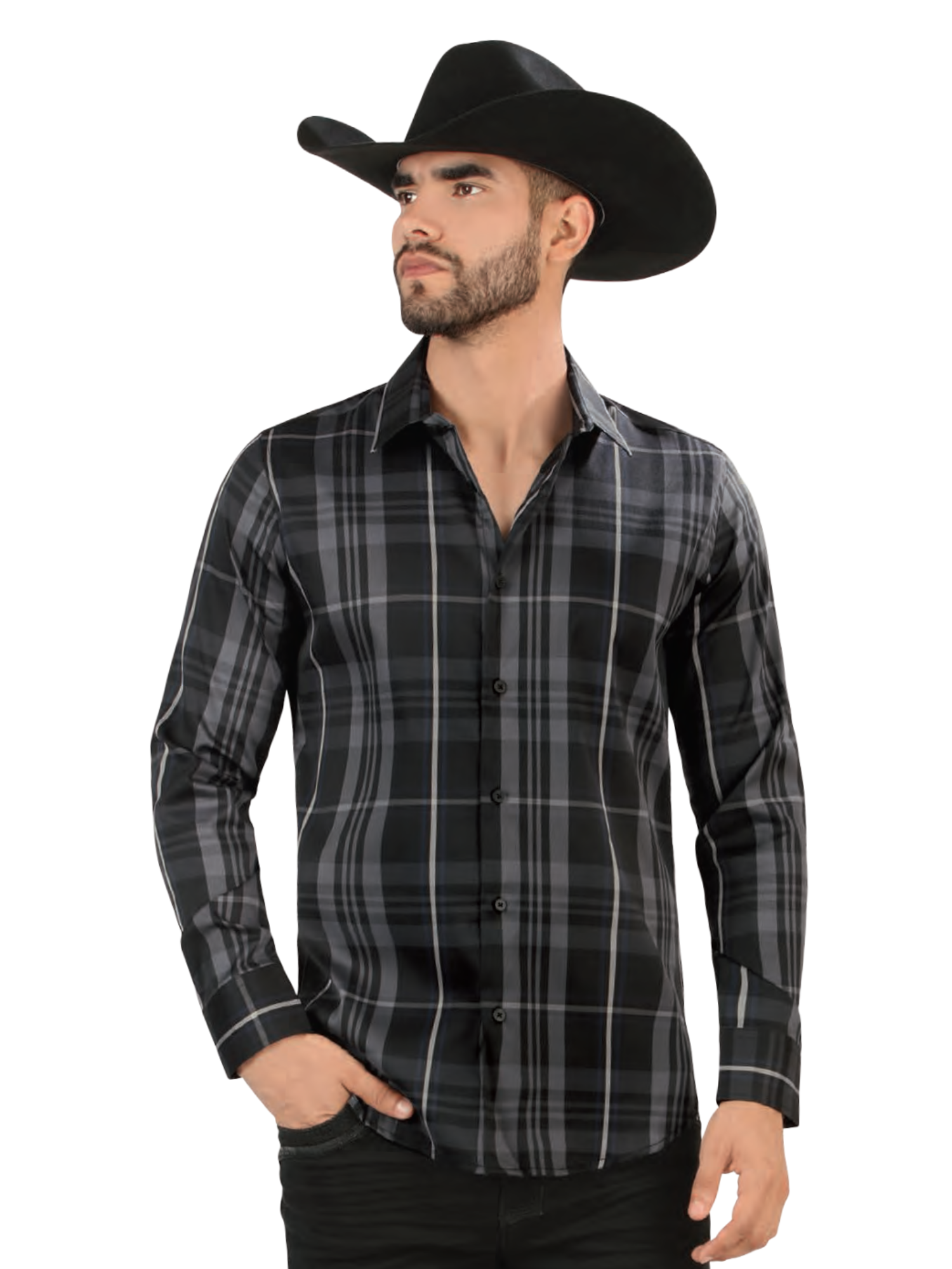 Camisa Vaquera Manga Larga Estampada Cuadros para Hombre 'Lamasini' - ID: 2026 Camisas de Cuadros Lamasini Black