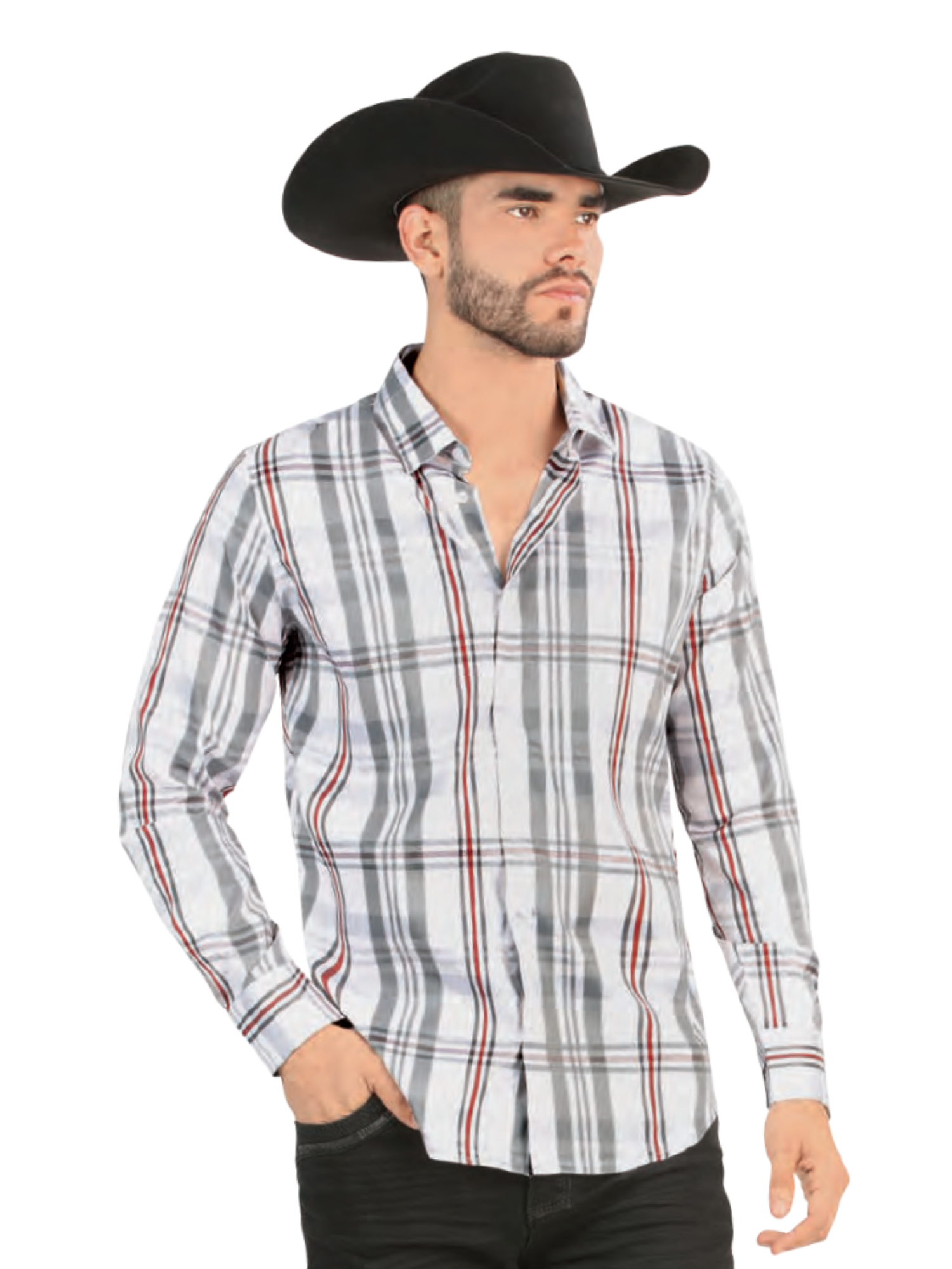 Camisa Vaquera Manga Larga Estampada Cuadros para Hombre 'Lamasini' - ID: 2026 Camisas de Cuadros Lamasini White