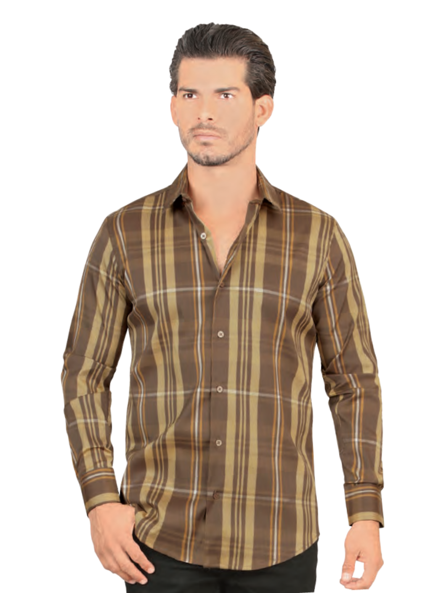 Camisa Vaquera Manga Larga Estampada Cuadros para Hombre 'Lamasini' - ID: 2026 Camisas de Cuadros Lamasini Brown