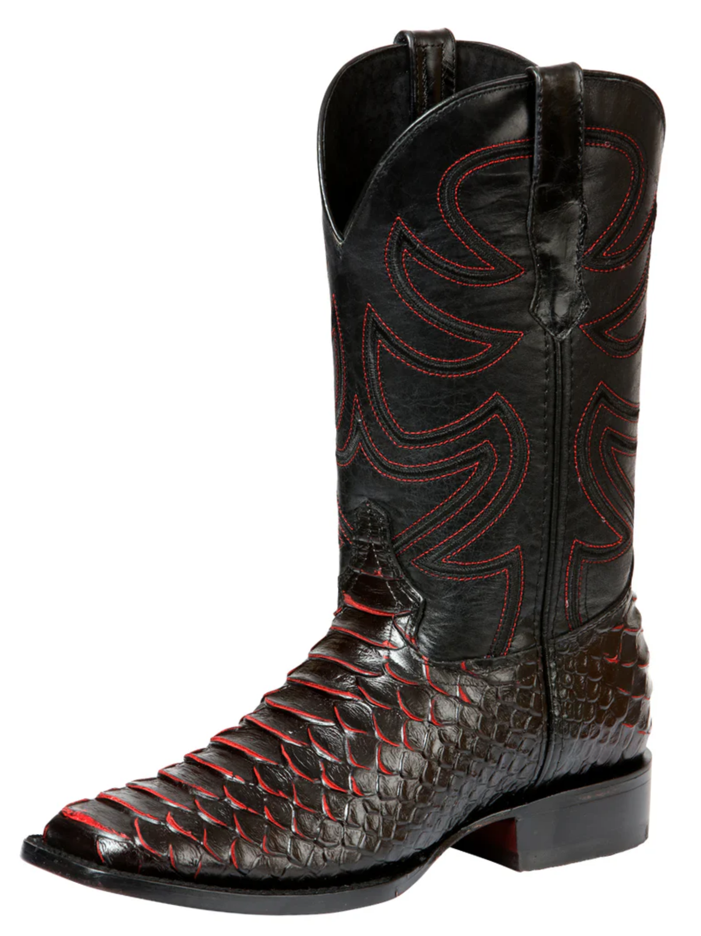 Botas Vaqueras Rodeo Imitacion de Python Grabado en Piel Vacuno para Hombre 'El General' - ID: 45565 Botas Python Print El General Negro/Rojo