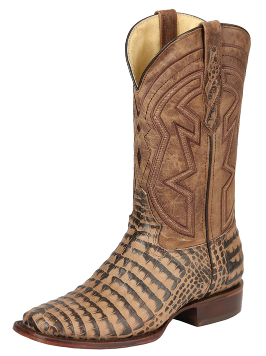 Botas Vaqueras Rodeo Imitacion de Caiman Belly Grabado en Piel Vacuno para Hombre 'El General' - ID: 45664 Botas Caiman Print El General Tabaco
