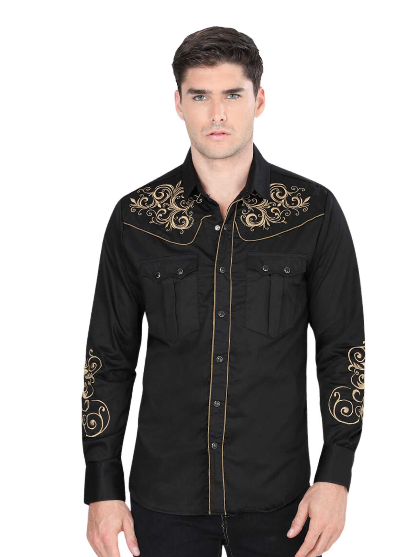 Embroidered Long Sleeve Denim Shirt for Men 'Montero' - ID: 3503 Western Shirt Montero Black