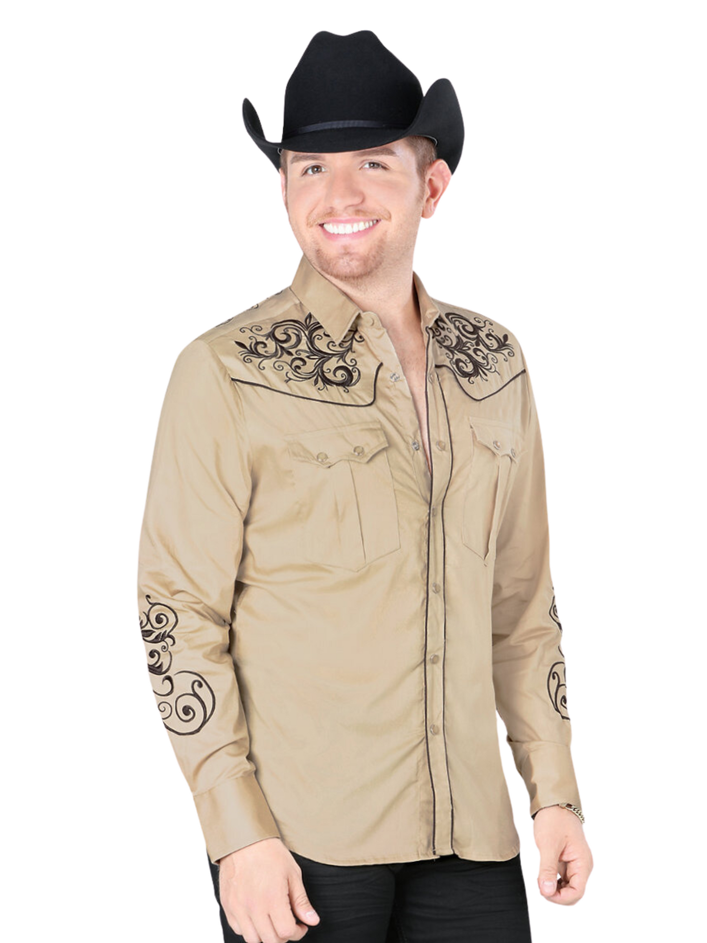 Embroidered Long Sleeve Denim Shirt for Men 'Montero' - ID: 3503 Western Shirt Montero Beige