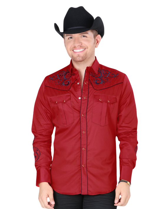 Camisa Vaquera Bordada Manga Larga para Hombre 'Montero' - ID: 3503 Western Shirt Montero Red