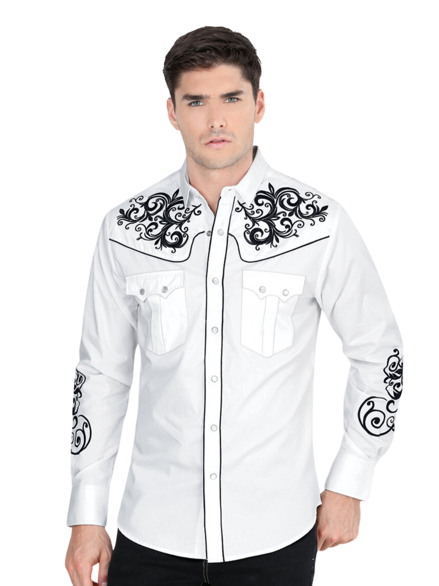 Embroidered Long Sleeve Denim Shirt for Men 'Montero' - ID: 3503 Western Shirt Montero White