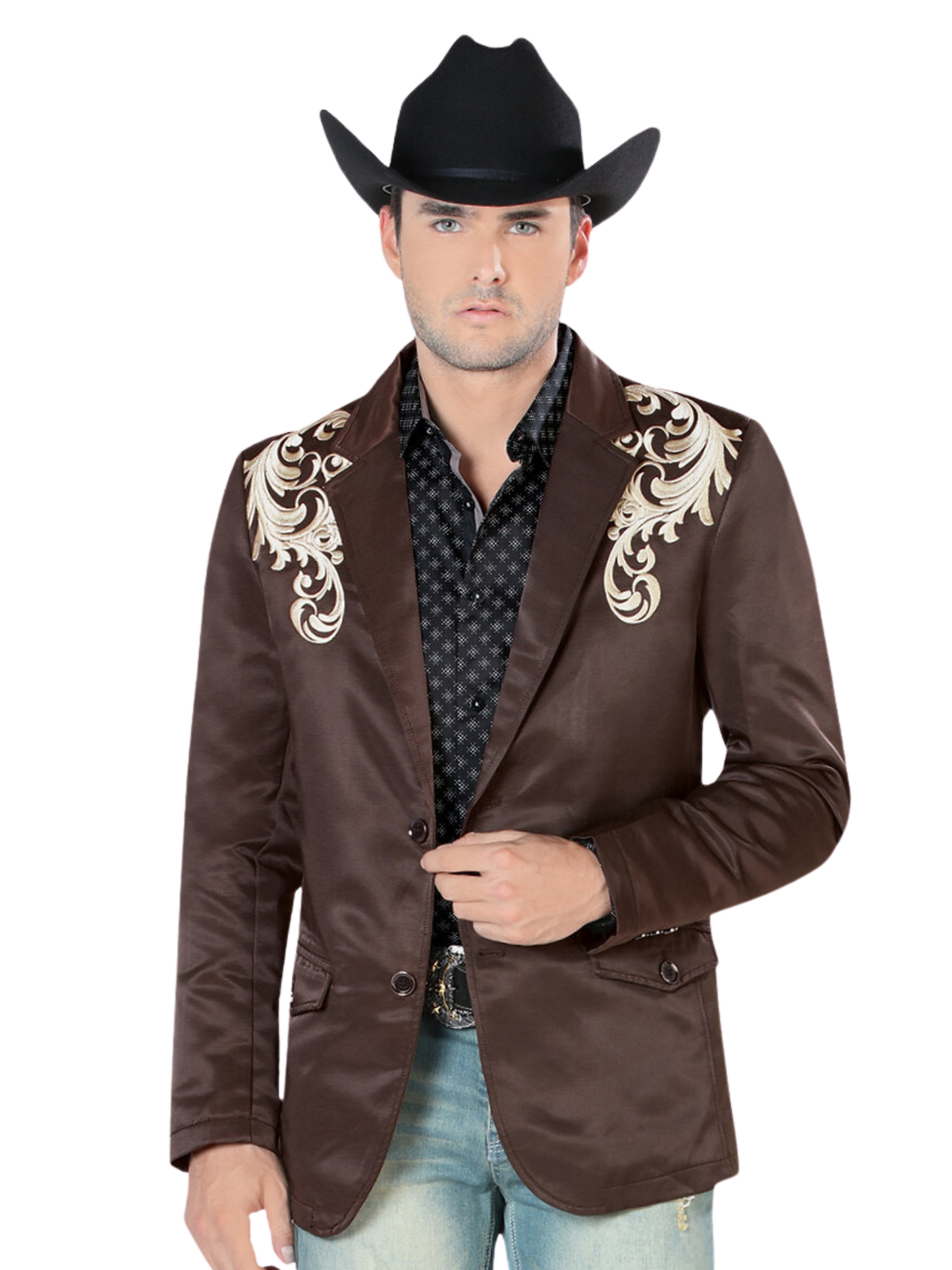 Embroidered Denim Jacket for Men 'Montero' - ID: 2173 Western Blazer Montero Brown