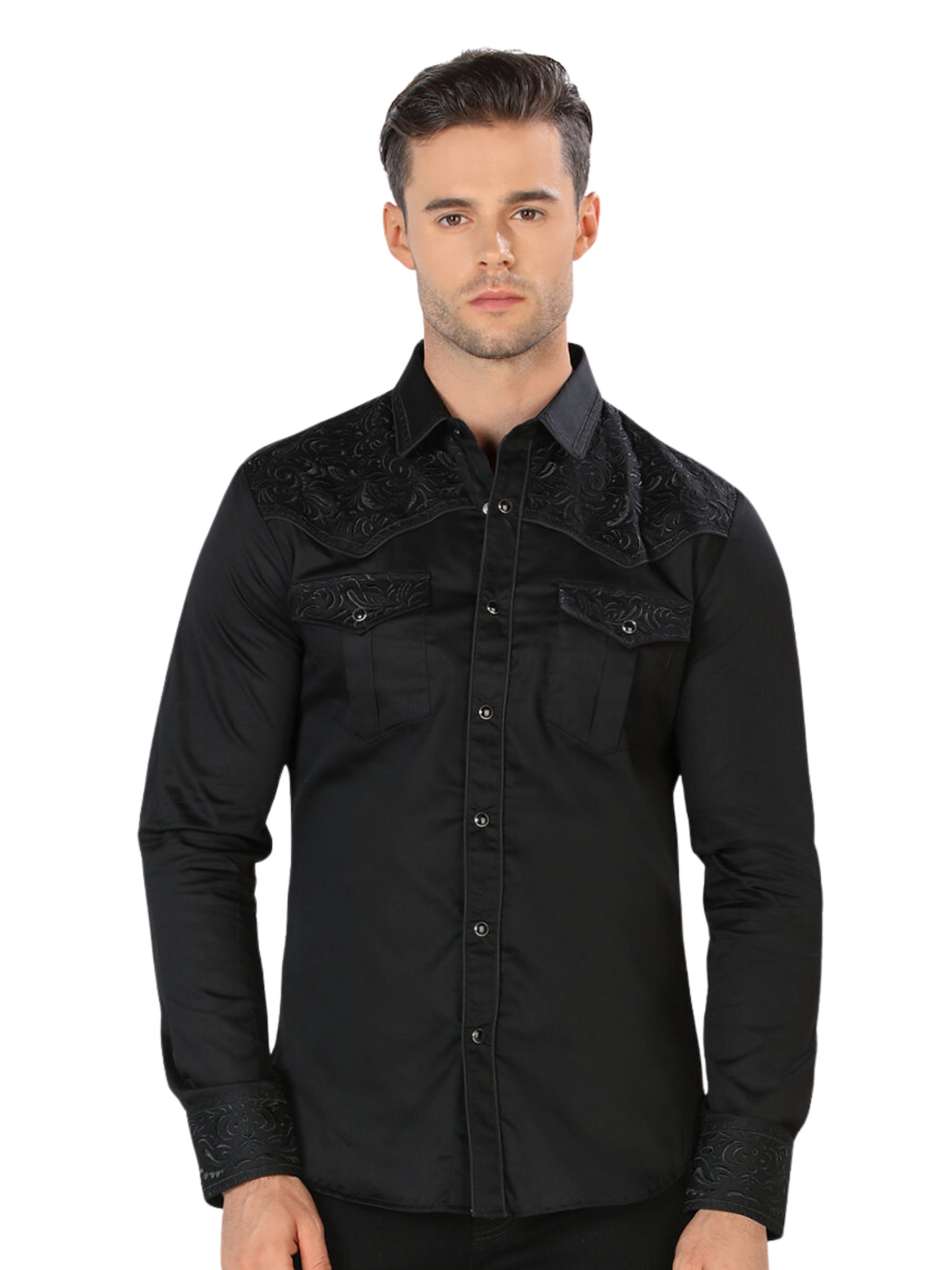 Embroidered Long Sleeve Denim Shirt for Men 'Montero' - ID: 3537 Western Shirt Montero Black/Black