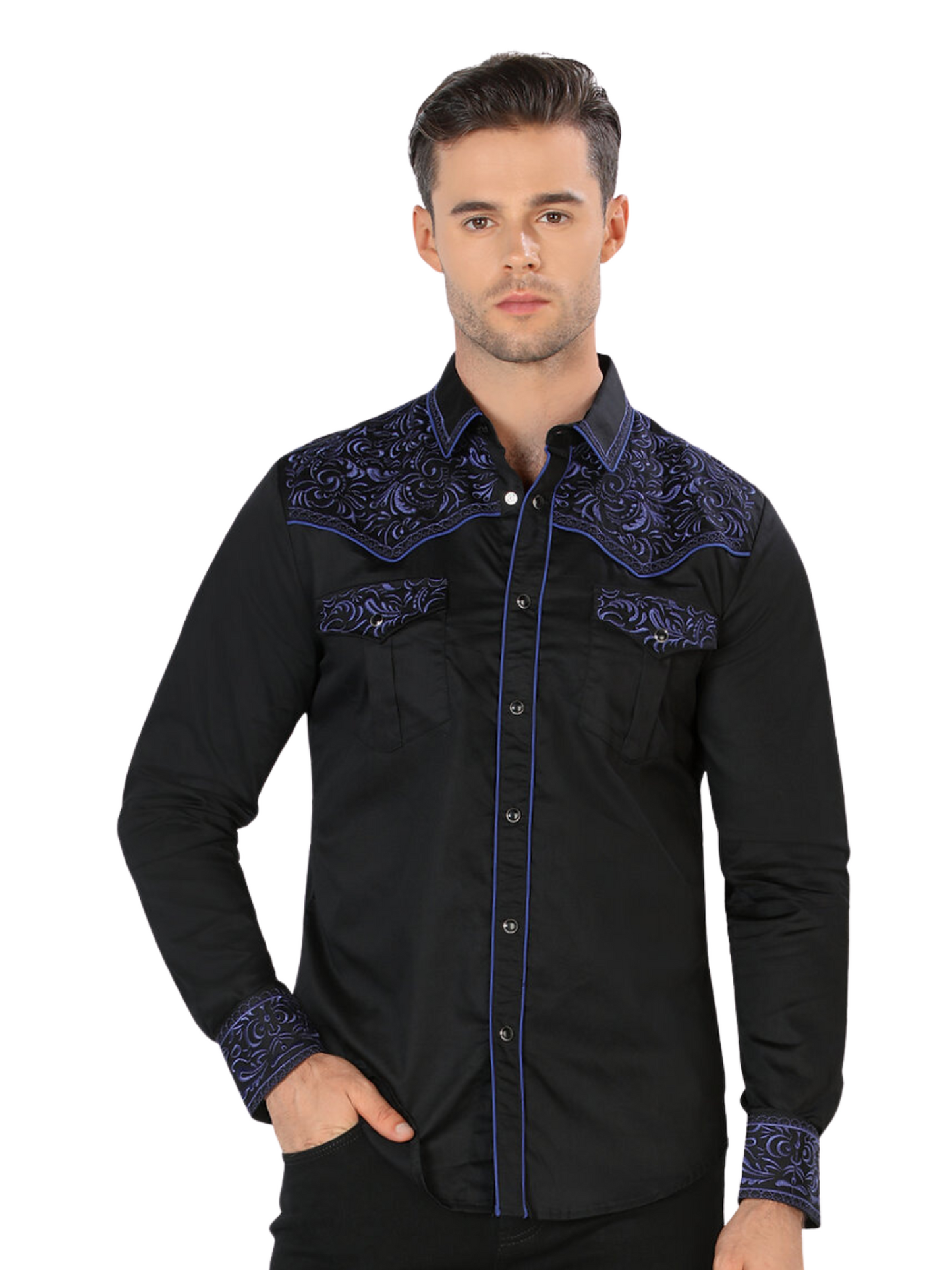 Embroidered Long Sleeve Denim Shirt for Men 'Montero' - ID: 3537 Western Shirt Montero Black/Blue