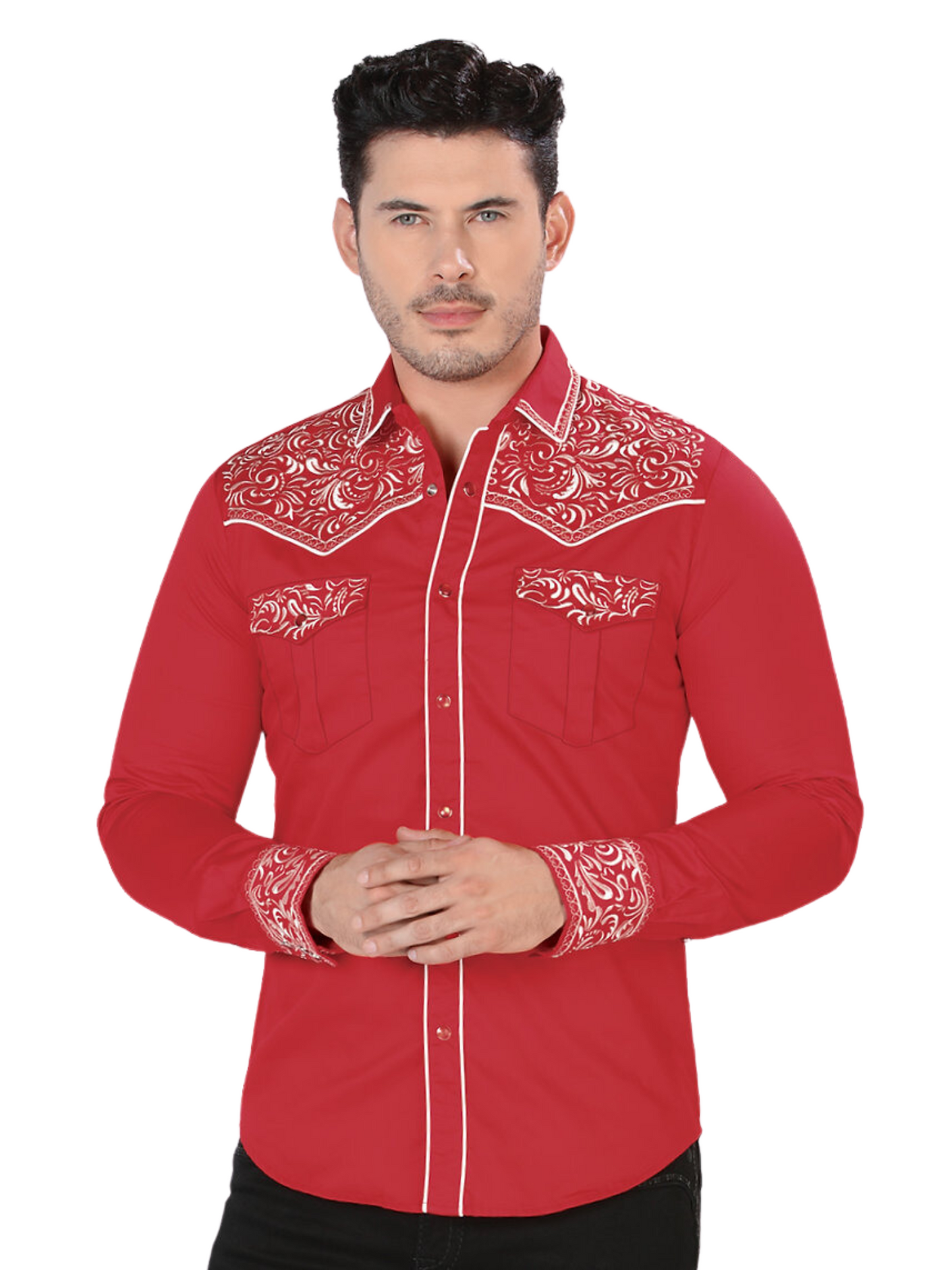 Embroidered Long Sleeve Denim Shirt for Men 'Montero' - ID: 3537 Western Shirt Montero Red