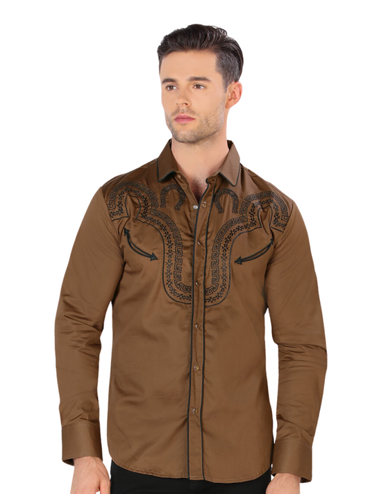 Embroidered Long Sleeve Denim Shirt for Men 'Montero' - ID: 3535 Western Shirt Montero Brown