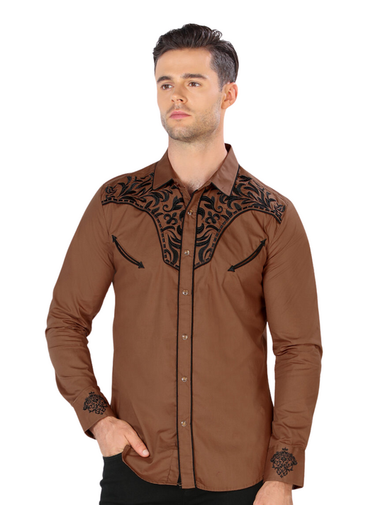 Embroidered Long Sleeve Denim Shirt for Men 'Montero' - ID: 3523 Western Shirt Montero Brown