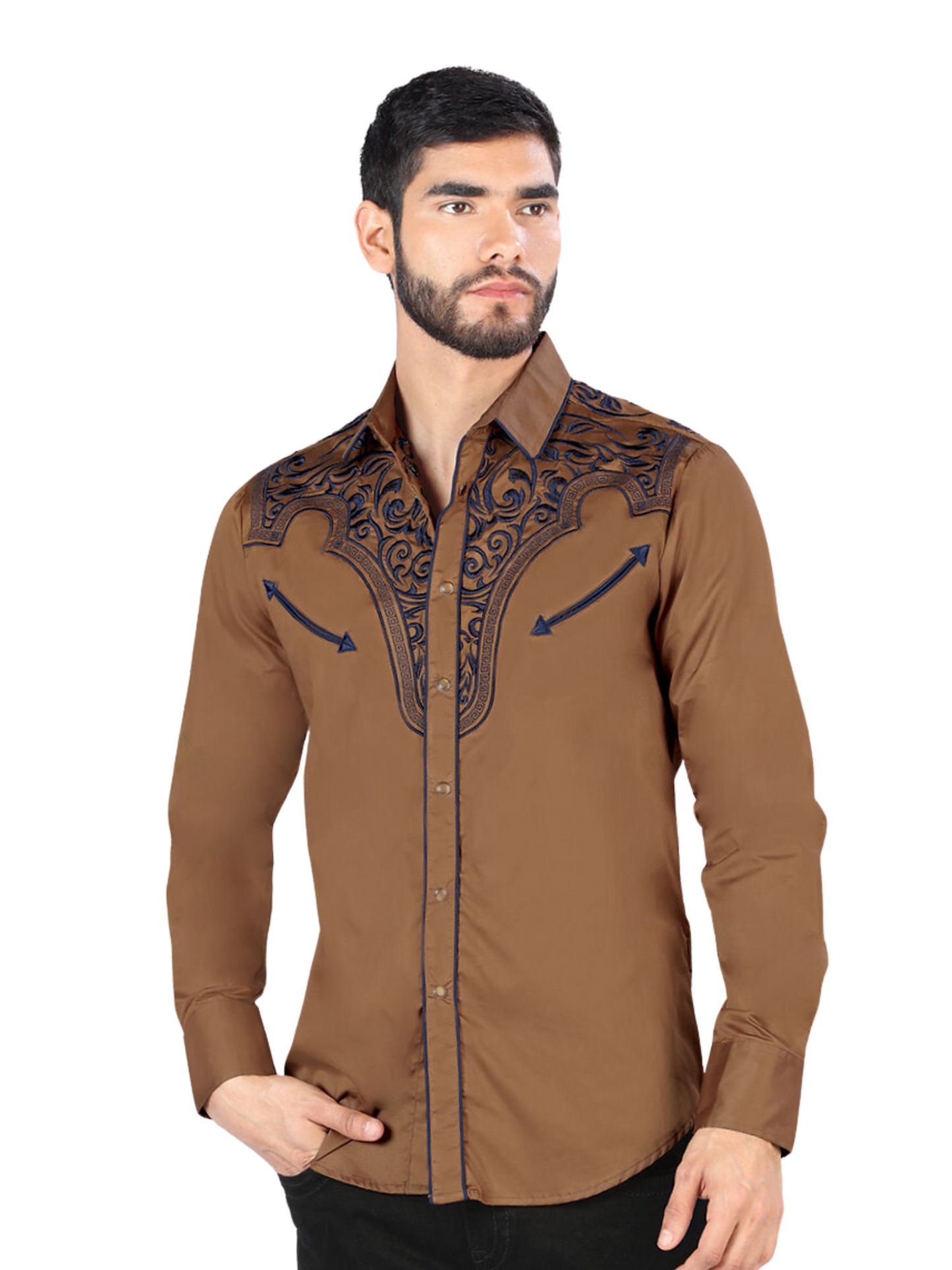 Embroidered Long Sleeve Denim Shirt for Men 'Montero' - ID: 3531 Western Shirt Montero Camel