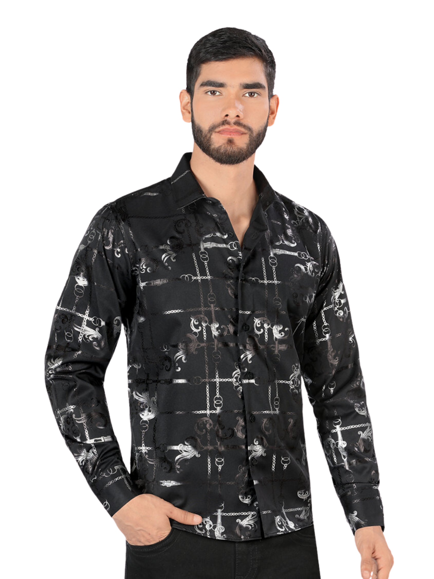 Camisa Casual Manga Larga Estampada para Hombre 'Montero' - ID: 0794 Casual Shirt Montero Black