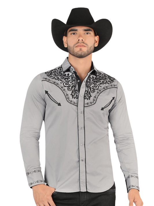 Camisa Vaquera Bordada Manga Larga para Hombre 'Montero' - ID: 3538 Western Shirt Montero Gray