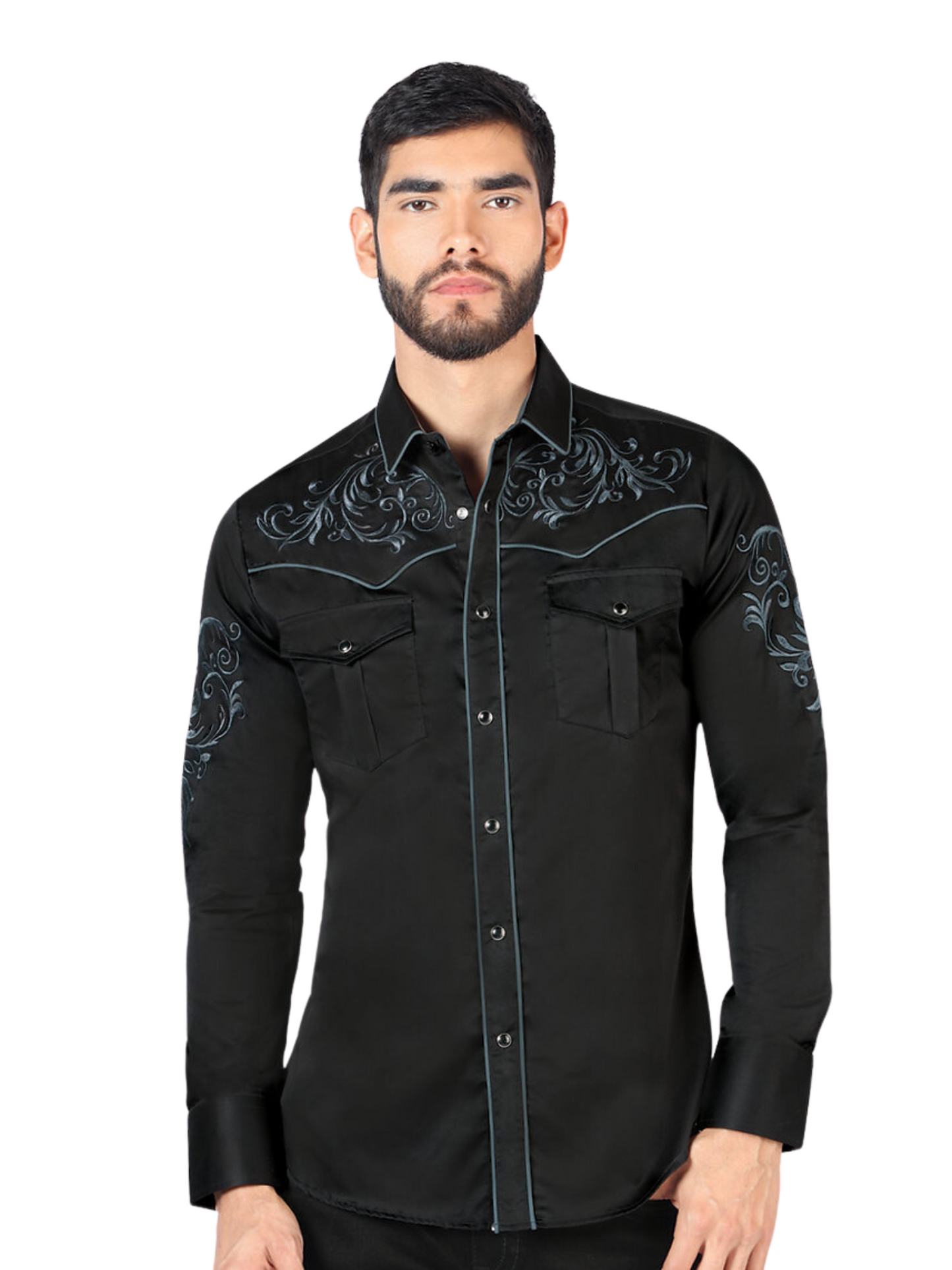Embroidered Long Sleeve Denim Shirt for Men 'Montero' - ID: 3539 Western Shirt Montero Black