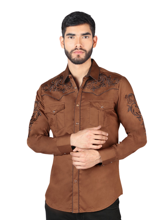 Embroidered Long Sleeve Denim Shirt for Men 'Montero' - ID: 3539 Western Shirt Montero Brown