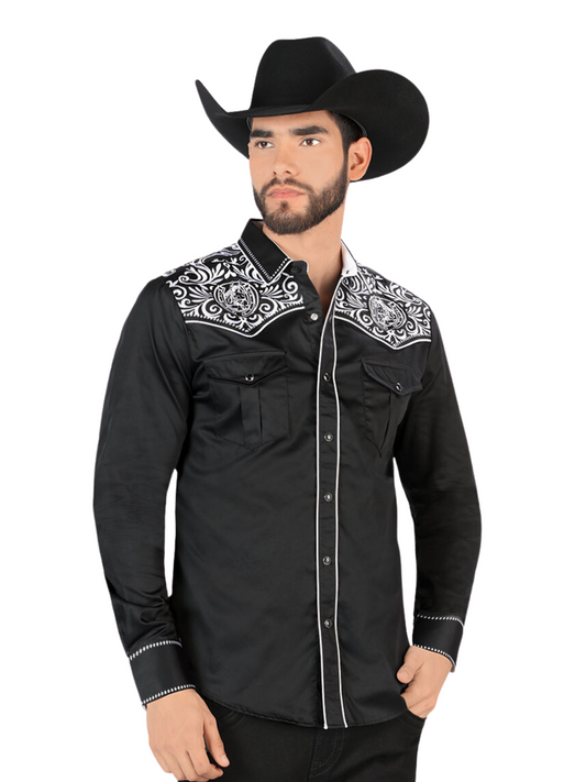 Embroidered Long Sleeve Denim Shirt for Men 'Montero' - ID: VA3540 Western Shirt Montero Black/White