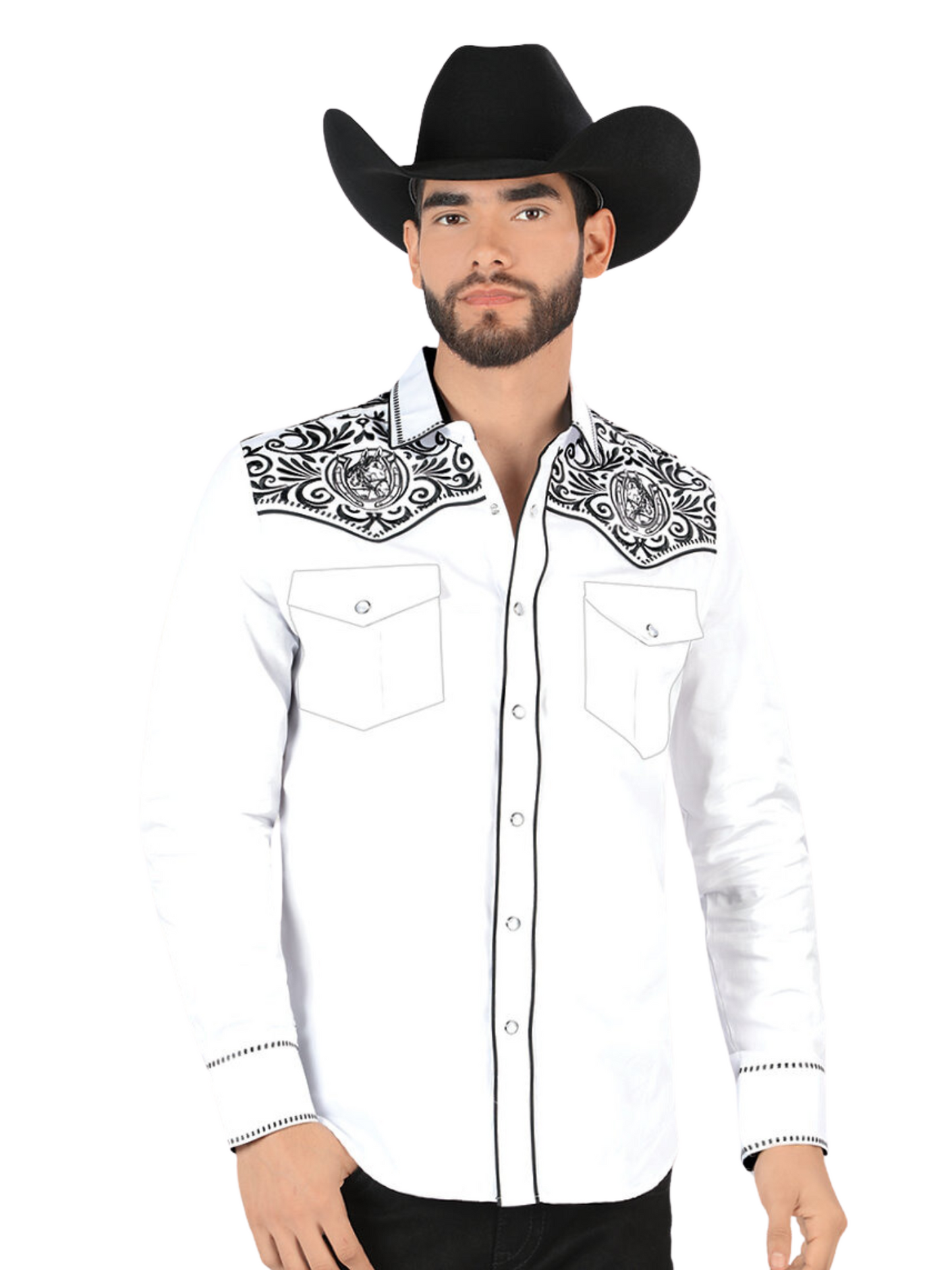 Embroidered Long Sleeve Denim Shirt for Men 'Montero' - ID: VA3540 Western Shirt Montero White