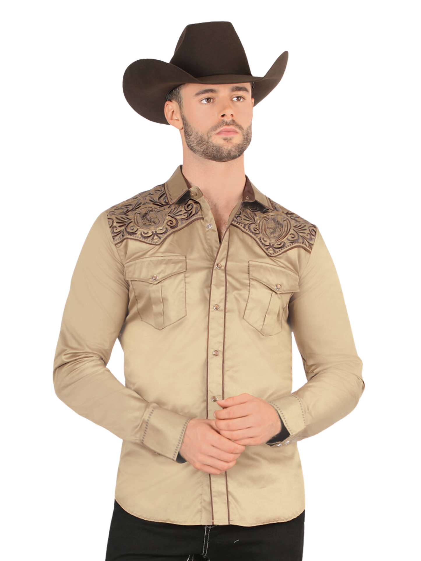 Embroidered Long Sleeve Denim Shirt for Men 'Montero' - ID: VA3540 Western Shirt Montero Beige