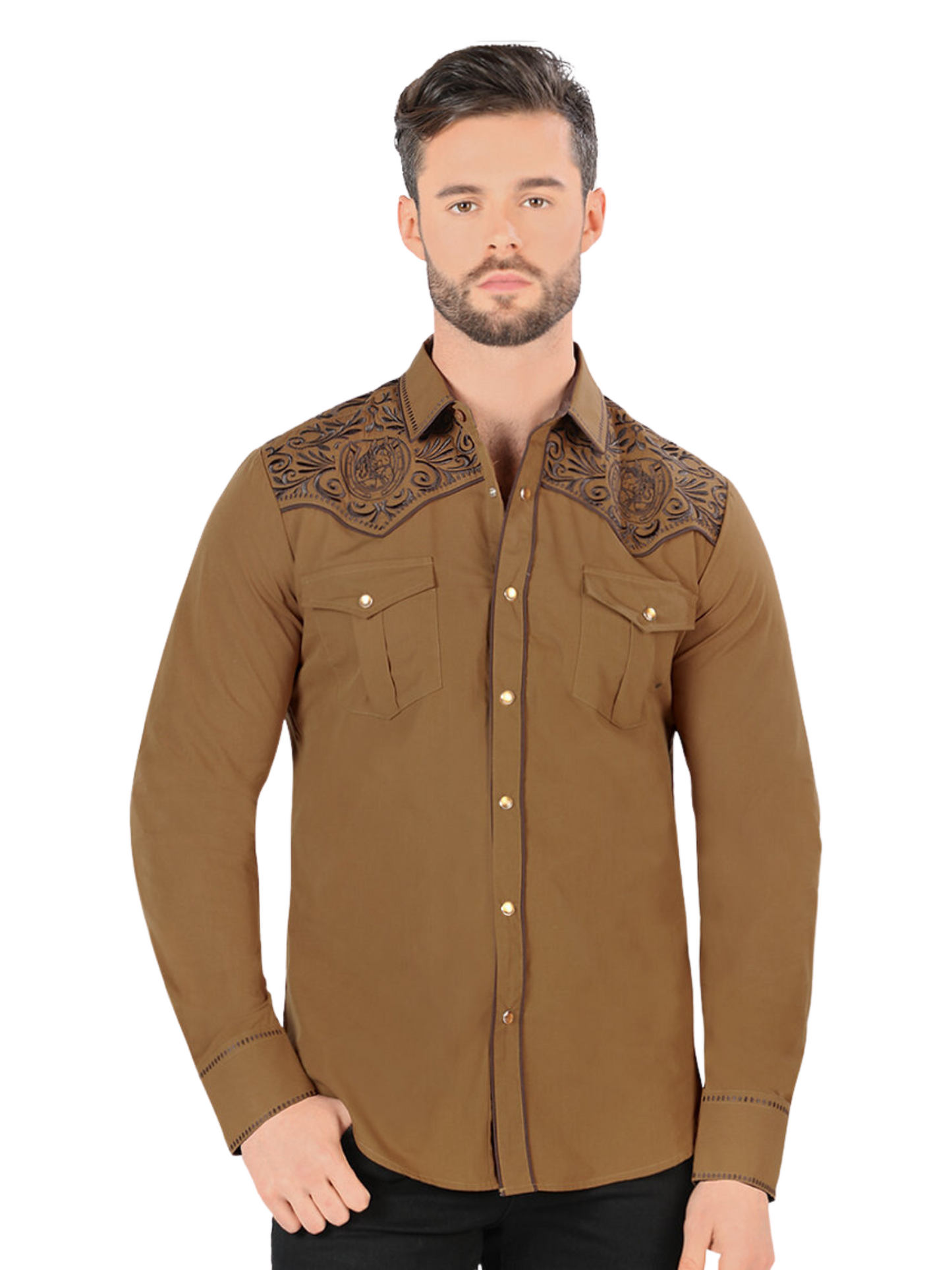 Embroidered Long Sleeve Denim Shirt for Men 'Montero' - ID: VA3540 Western Shirt Montero Camel