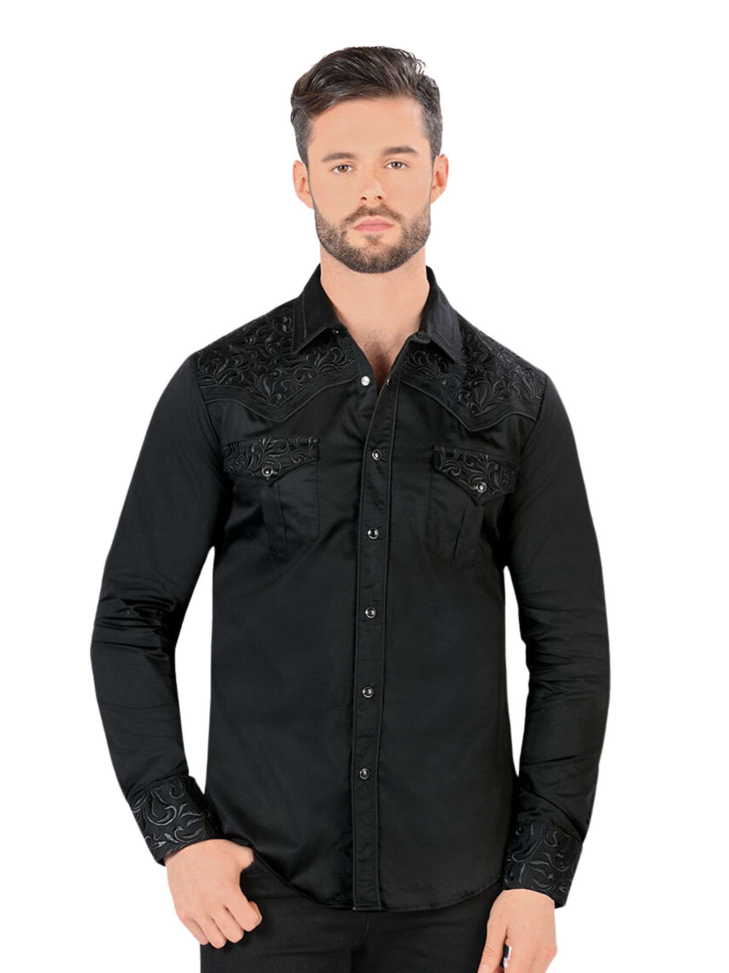 Camisa Vaquera Bordada Manga Larga para Hombre 'Montero' - ID: VA3541 Western Shirt Montero Black/Black