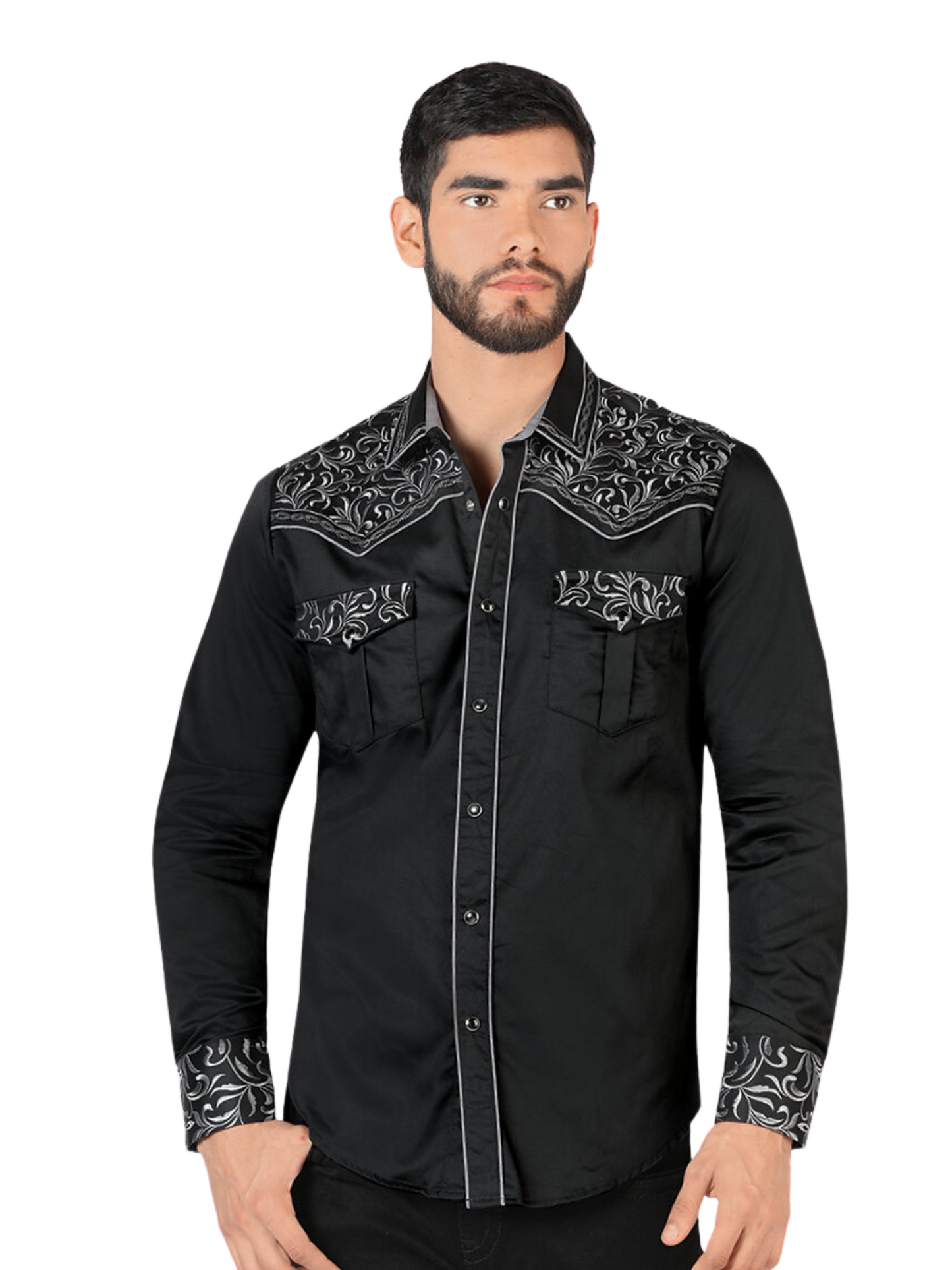 Men's Long Sleeve Embroidered Denim Shirt 'Montero' - ID: VA3541 Western Shirt Montero Black/Charcoal