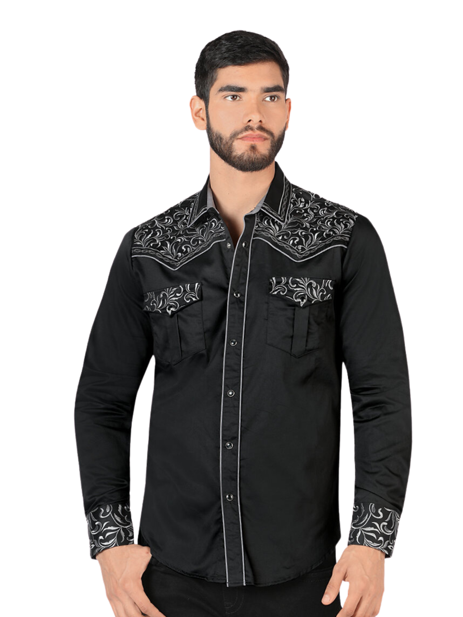 Camisa Vaquera Bordada Manga Larga para Hombre 'Montero' - ID: 3541 Camisas Bordadas Montero Black/Gray