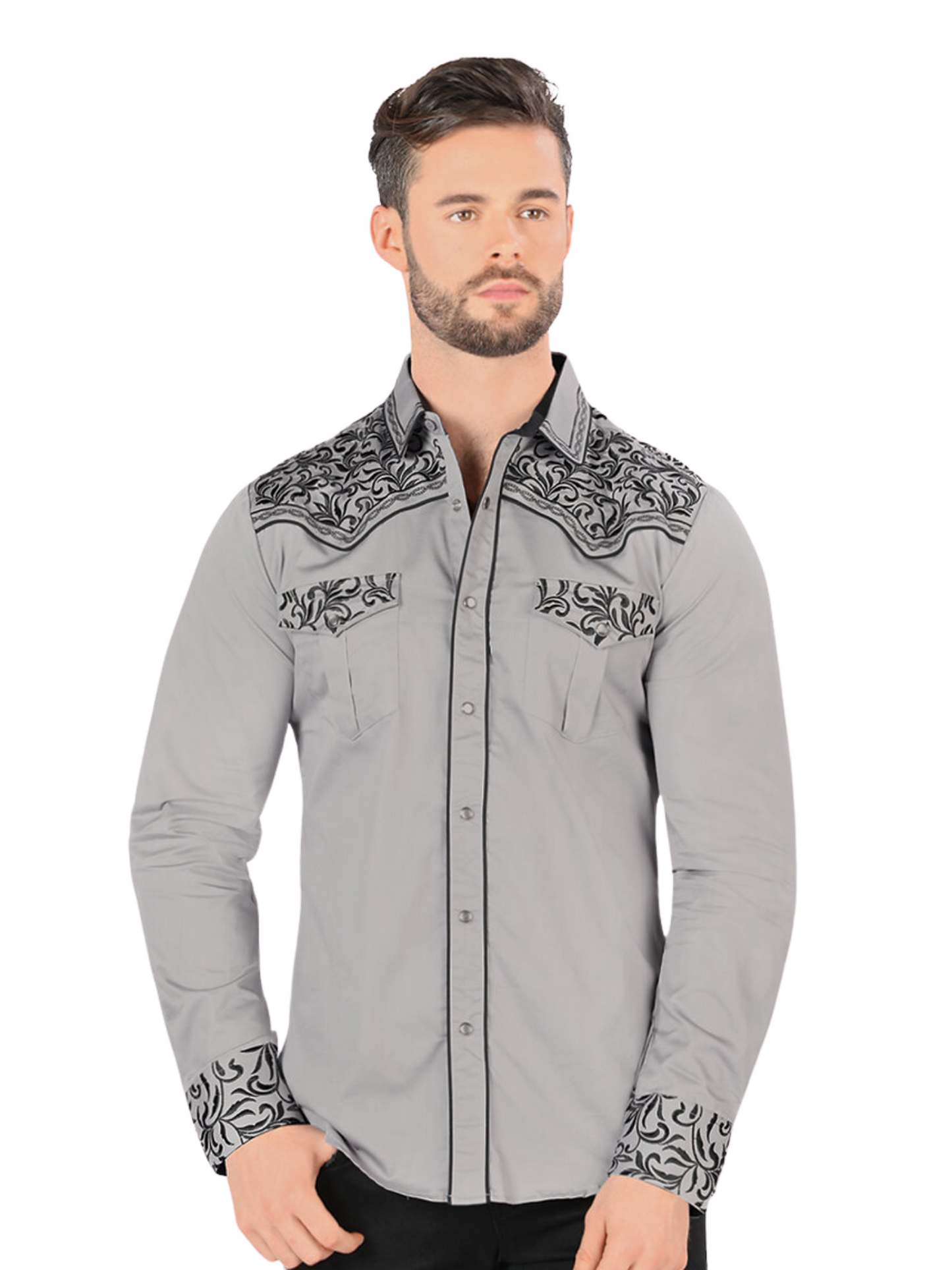Embroidered Long Sleeve Denim Shirt for Men 'Montero' - ID: VA3541 Western Shirt Montero Gray