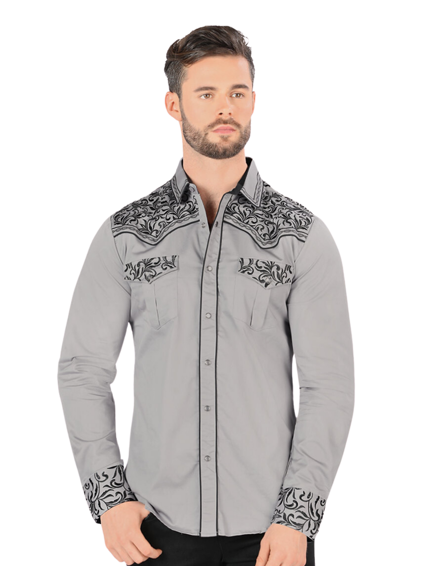 Camisa Vaquera Bordada Manga Larga para Hombre 'Montero' - ID: 3541 Camisas Bordadas Montero Gray