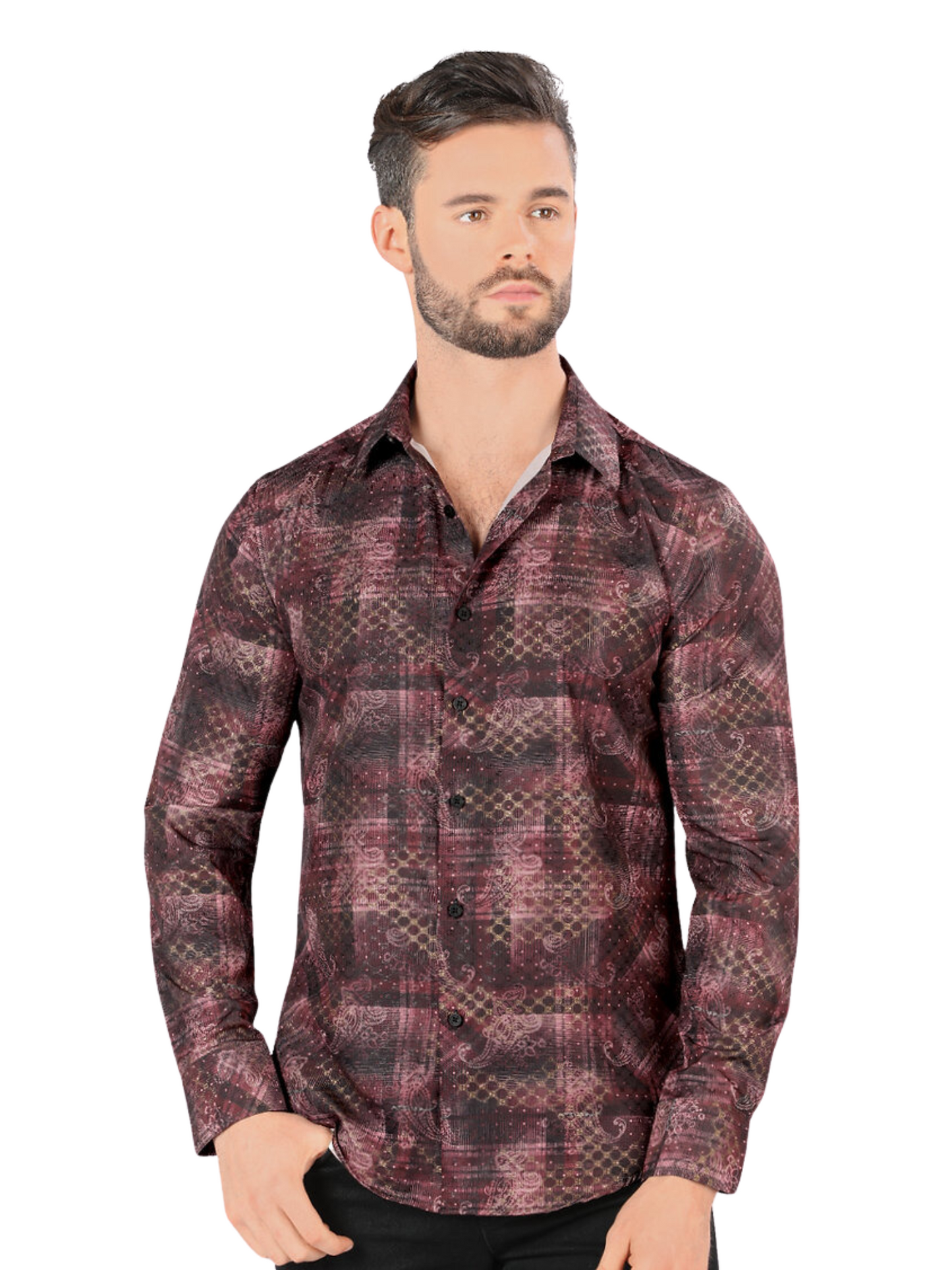 Men's Printed Long Sleeve Casual Shirt 'Montero' - ID: 0434 Casual Shirt Montero Burgandy