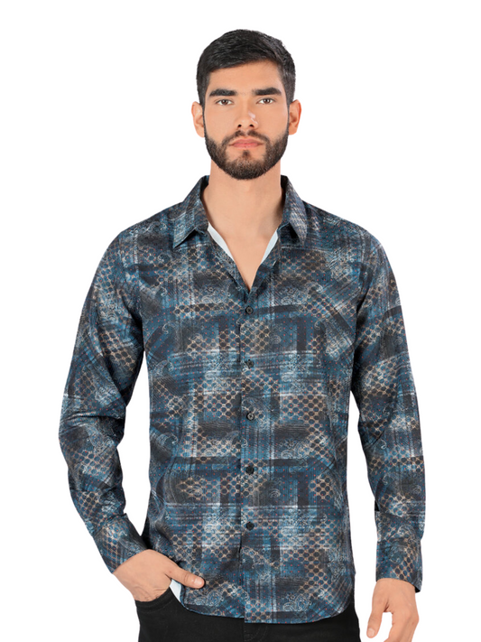 Men's Printed Long Sleeve Casual Shirt 'Montero' - ID: 0434 Casual Shirt Montero Teal