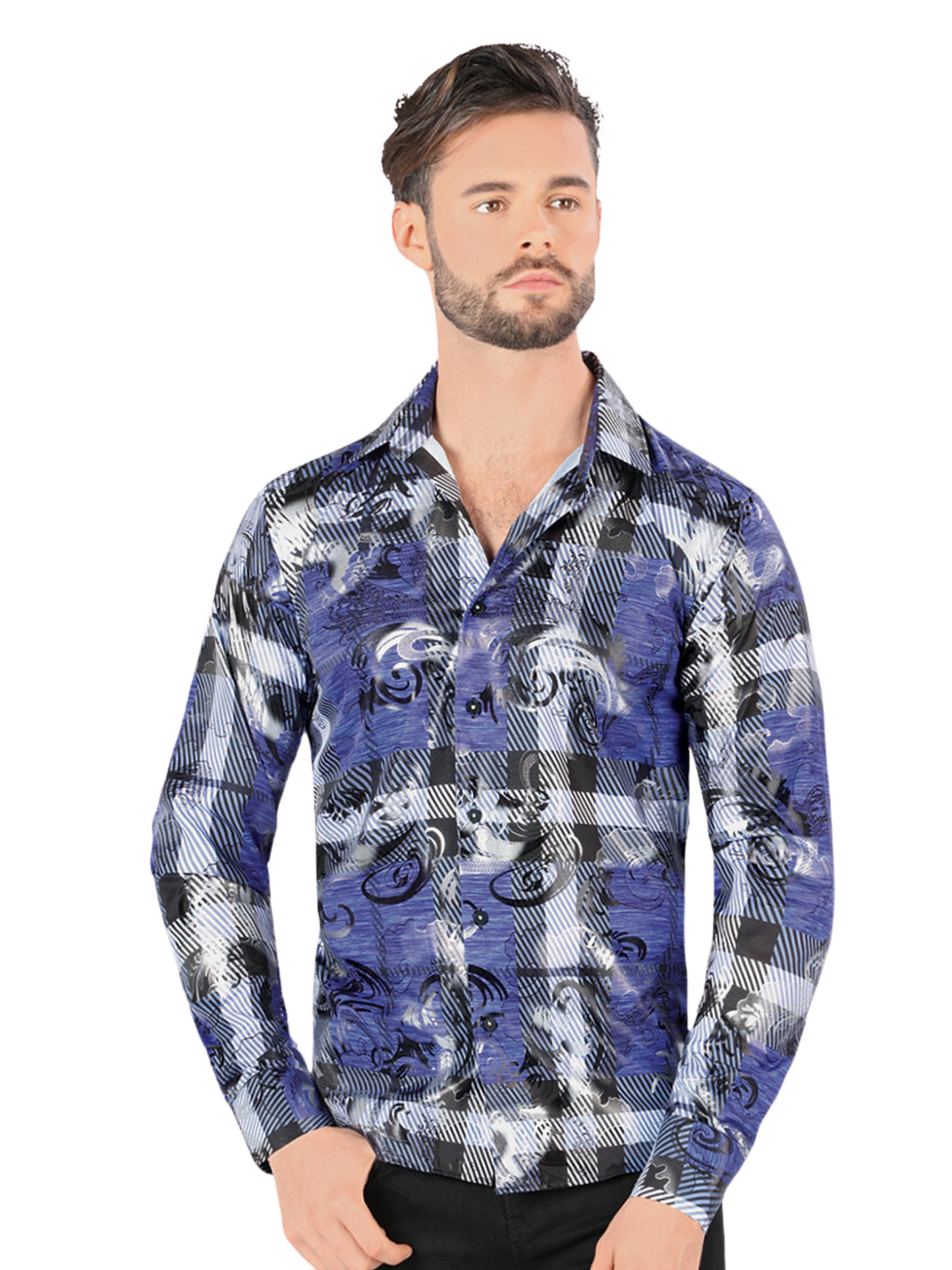 Camisa Casual Manga Larga Estampada para Hombre 'Montero' - ID: 0801 Casual Shirt Montero Blue