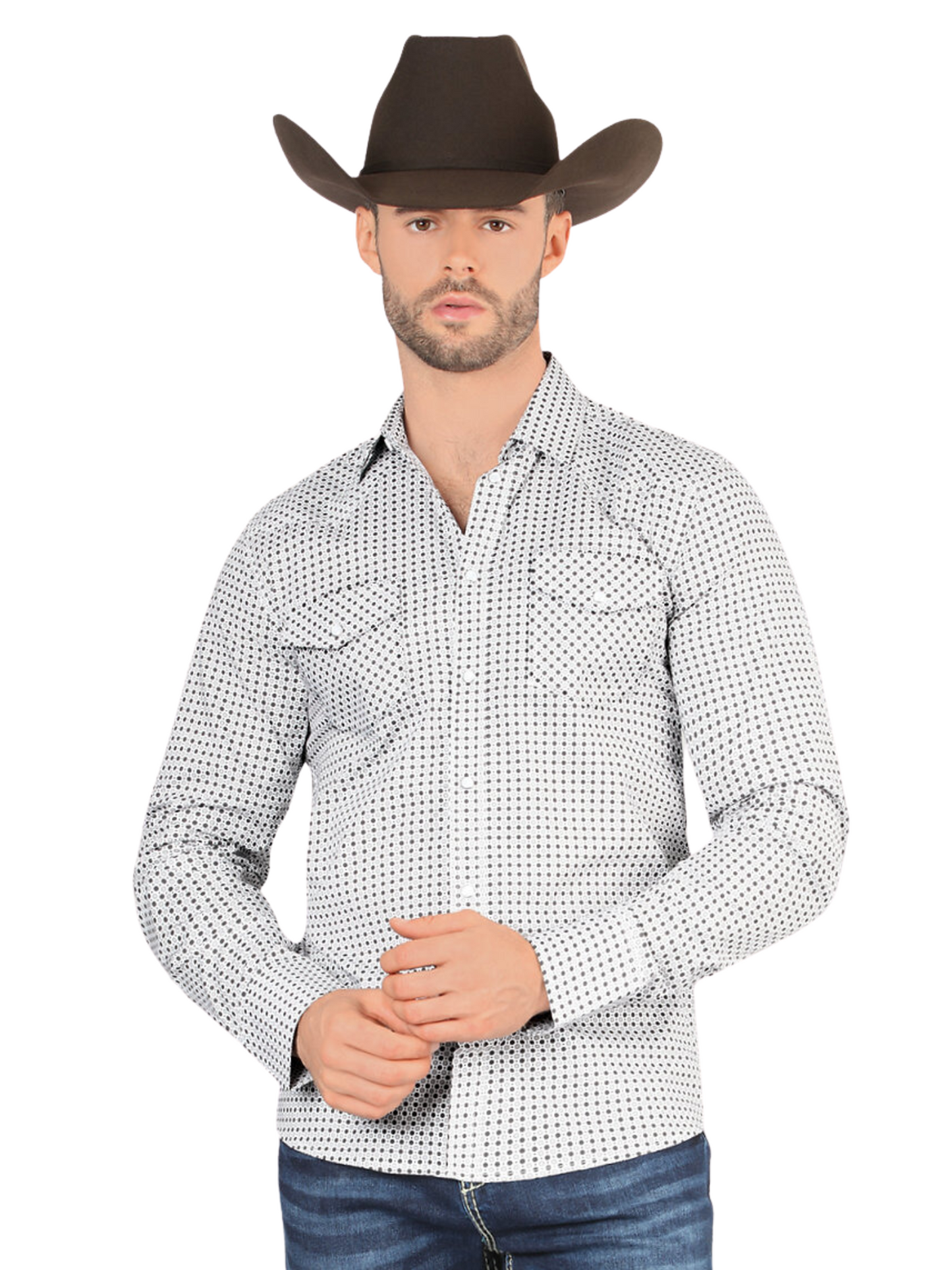 Printed Long Sleeve Denim Shirt for Men 'Montero' - ID: 3300 Western Shirt Montero White