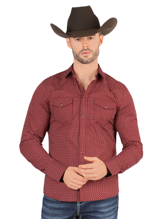 Men's Printed Long Sleeve Denim Shirt 'Montero' - ID: 3300 Western Shirt Montero Burgandy