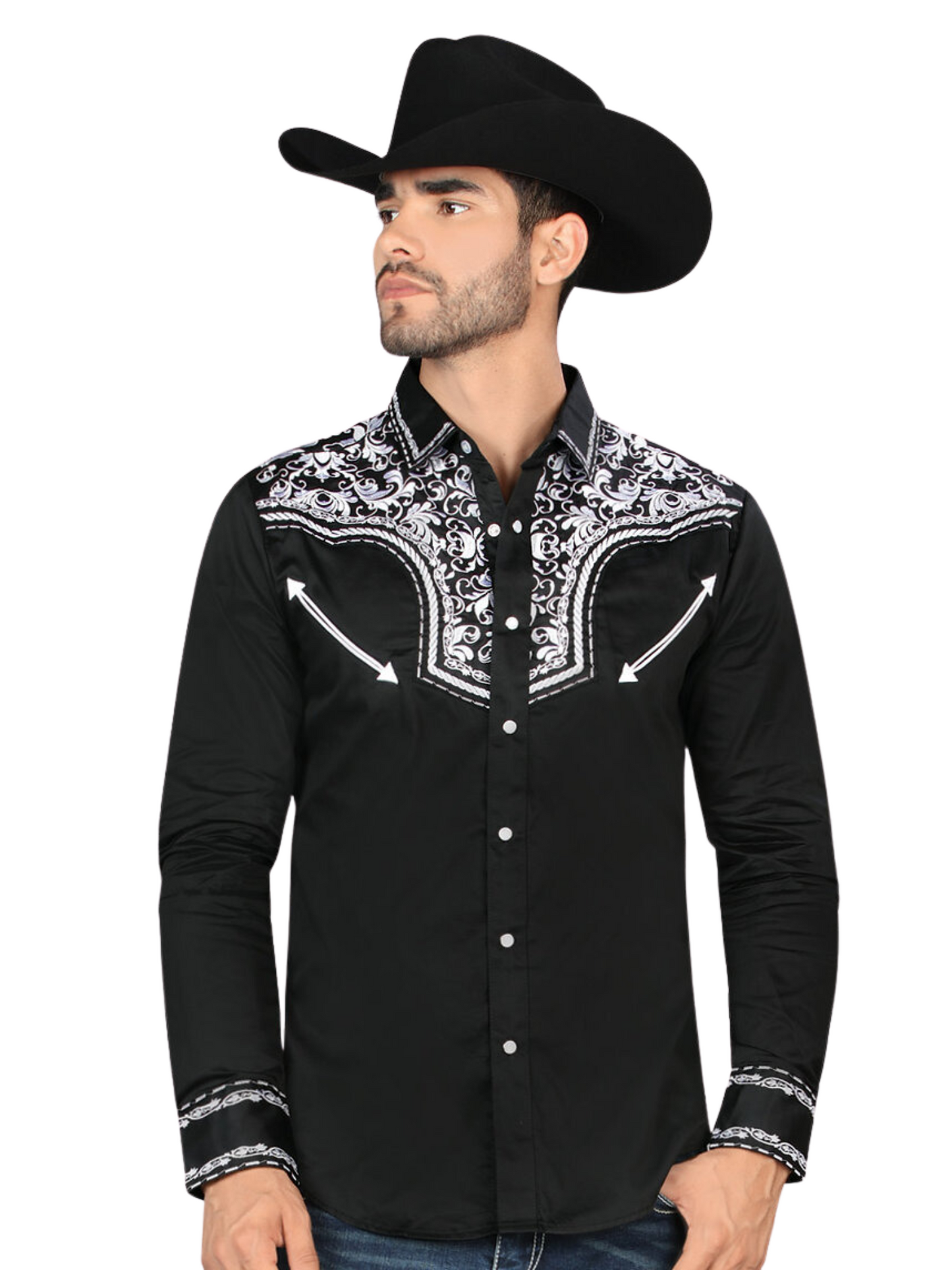 Camisa Vaquera Bordada Manga Larga para Hombre 'Montero' - ID: 3544 Camisas Bordadas Montero Black/White